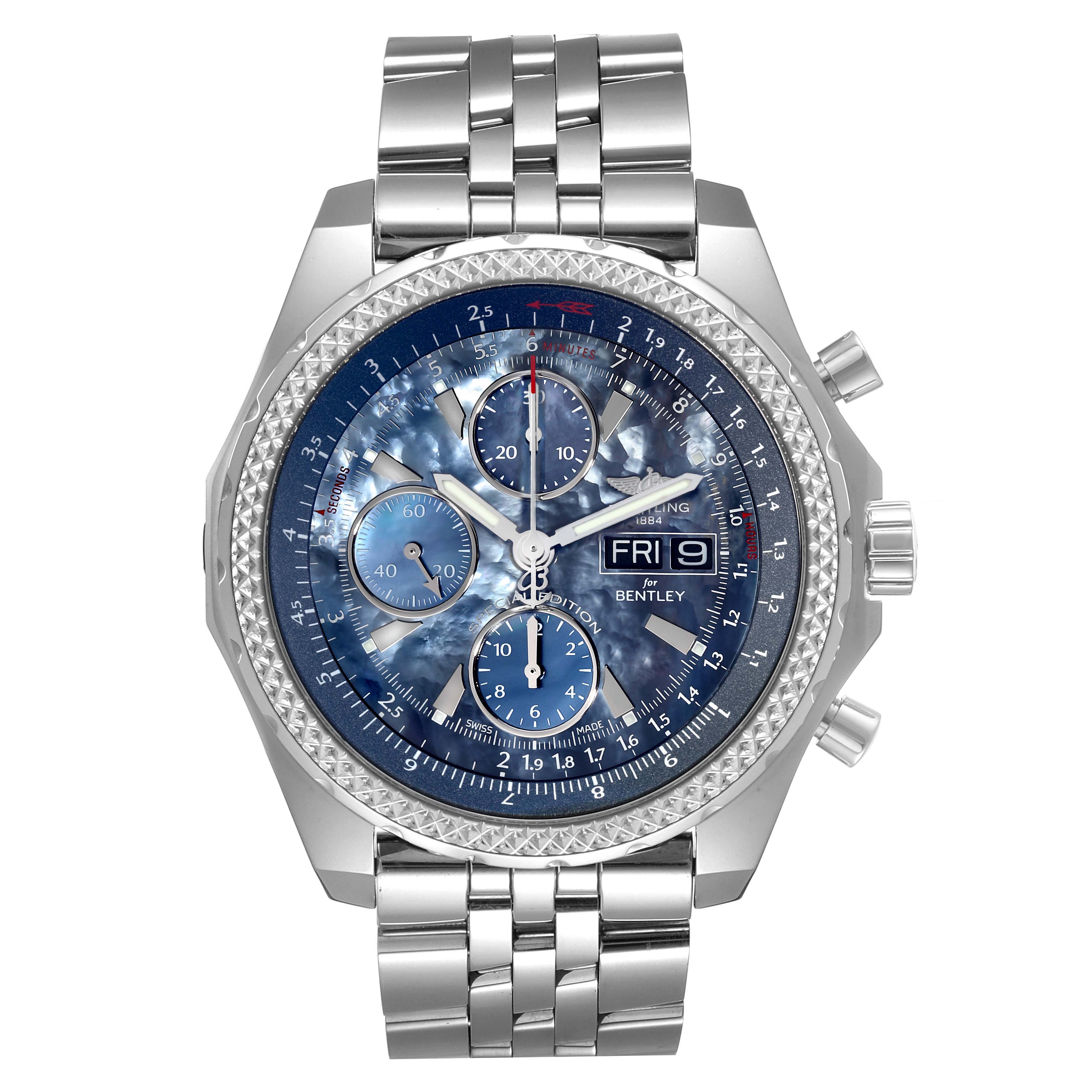 This Breitling Bentley A13362 Men's Stainless Steel Mother of Pearl Dial A13362 Men's Stainless Steel Mother of Pearl Dial watch is shown from the front, displaying the face, dials, date, and part of the stainless steel bracelet.