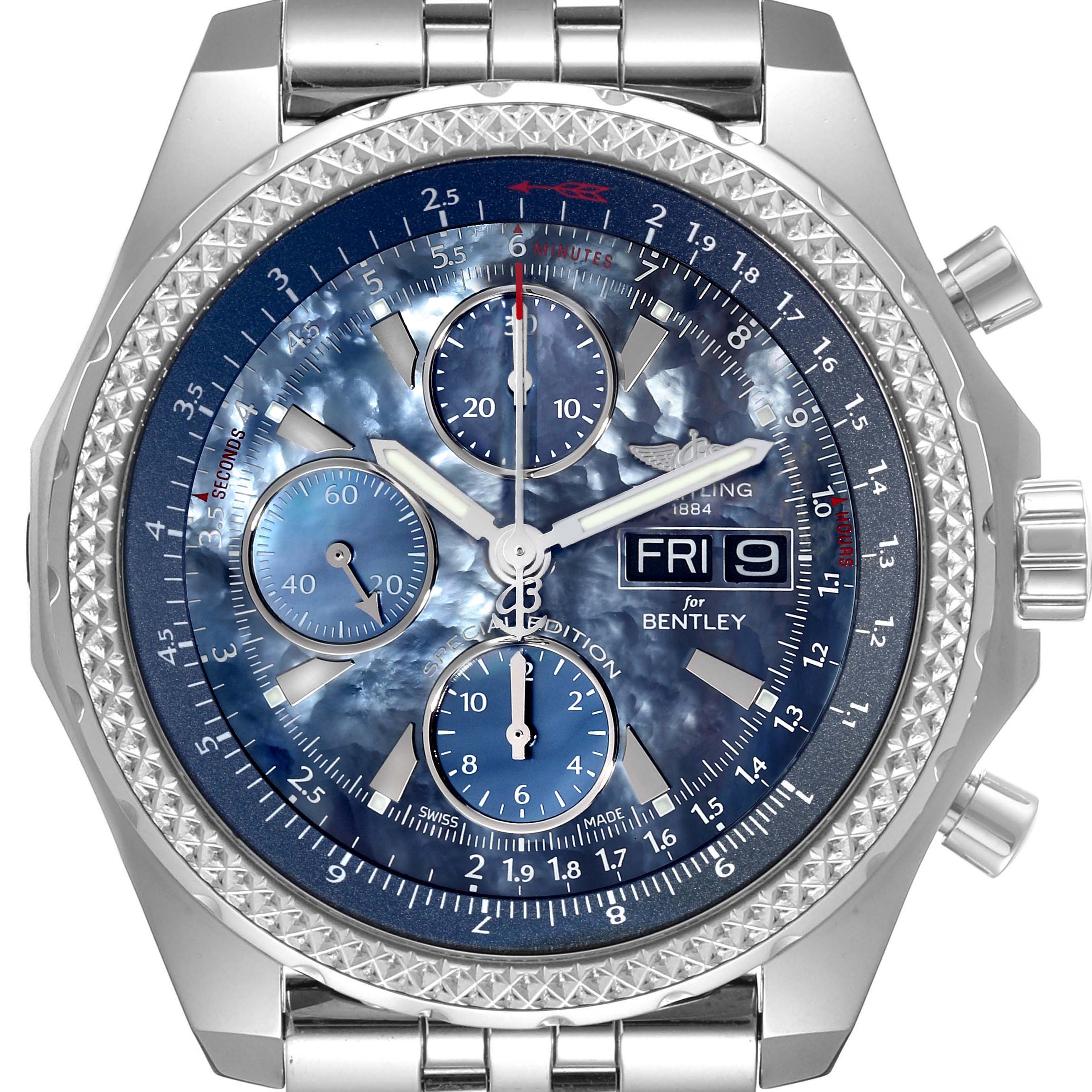 The image shows a front view of a Breitling Bentley A13362 Men's Stainless Steel Mother of Pearl Dial A13362 Men's Stainless Steel Mother of Pearl Dial model watch, highlighting its face, sub-dials, and day-date window.