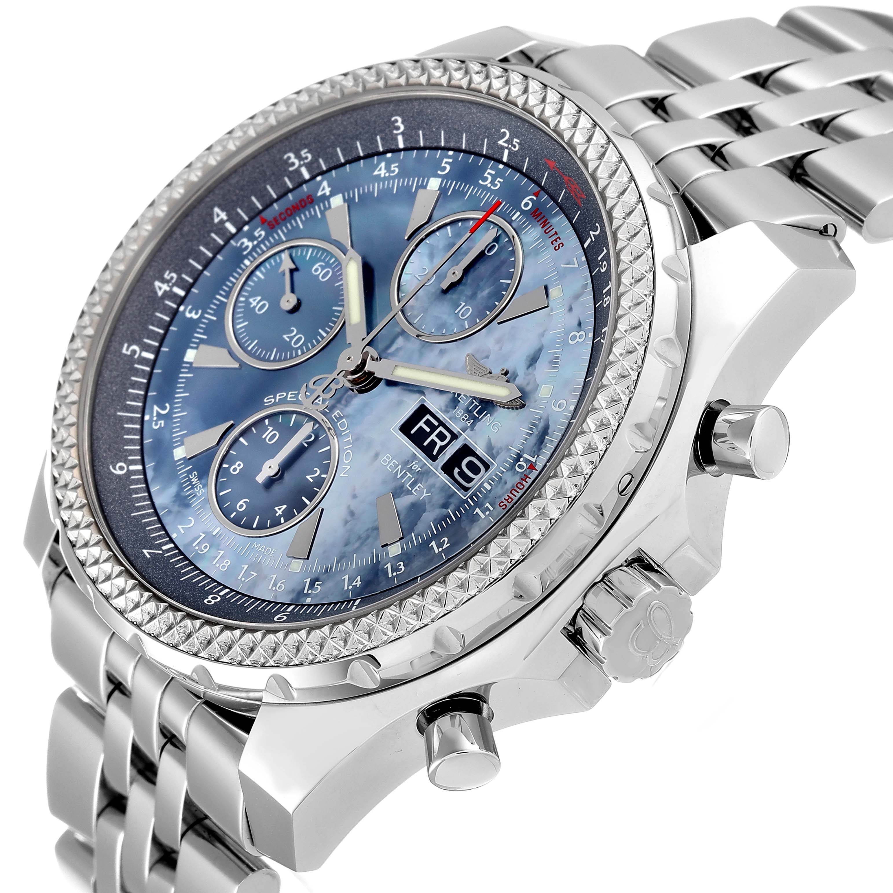 The image shows a Breitling Bentley A13362 Men's Stainless Steel Mother of Pearl Dial A13362 Men's Stainless Steel Mother of Pearl Dial watch, angled to display the dial, bezel, crown, and metal bracelet.