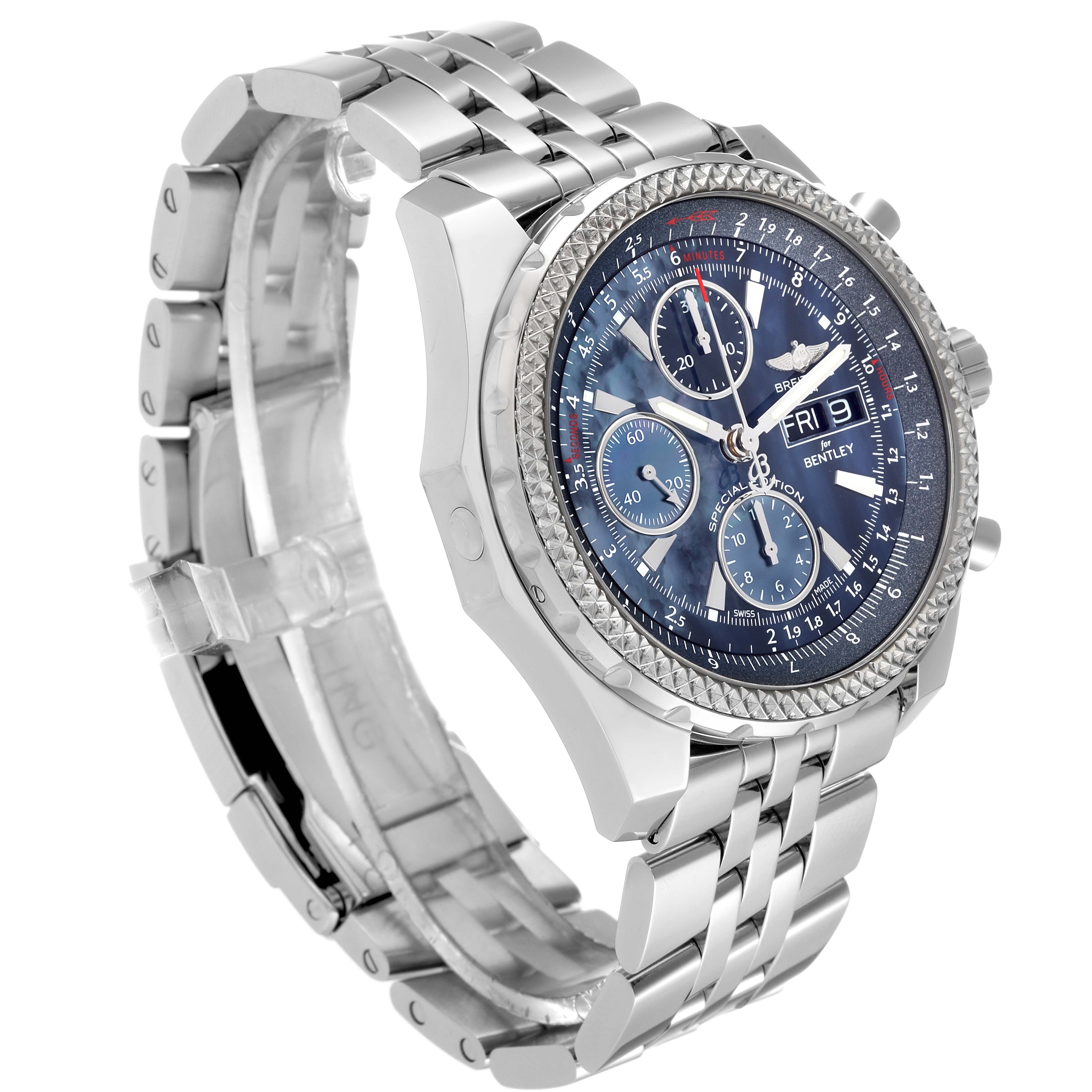 The image shows a Breitling Bentley A13362 Men's Stainless Steel Mother of Pearl Dial A13362 Men's Stainless Steel Mother of Pearl Dial watch at a front-side angle, highlighting its face, bezel, and metal bracelet.