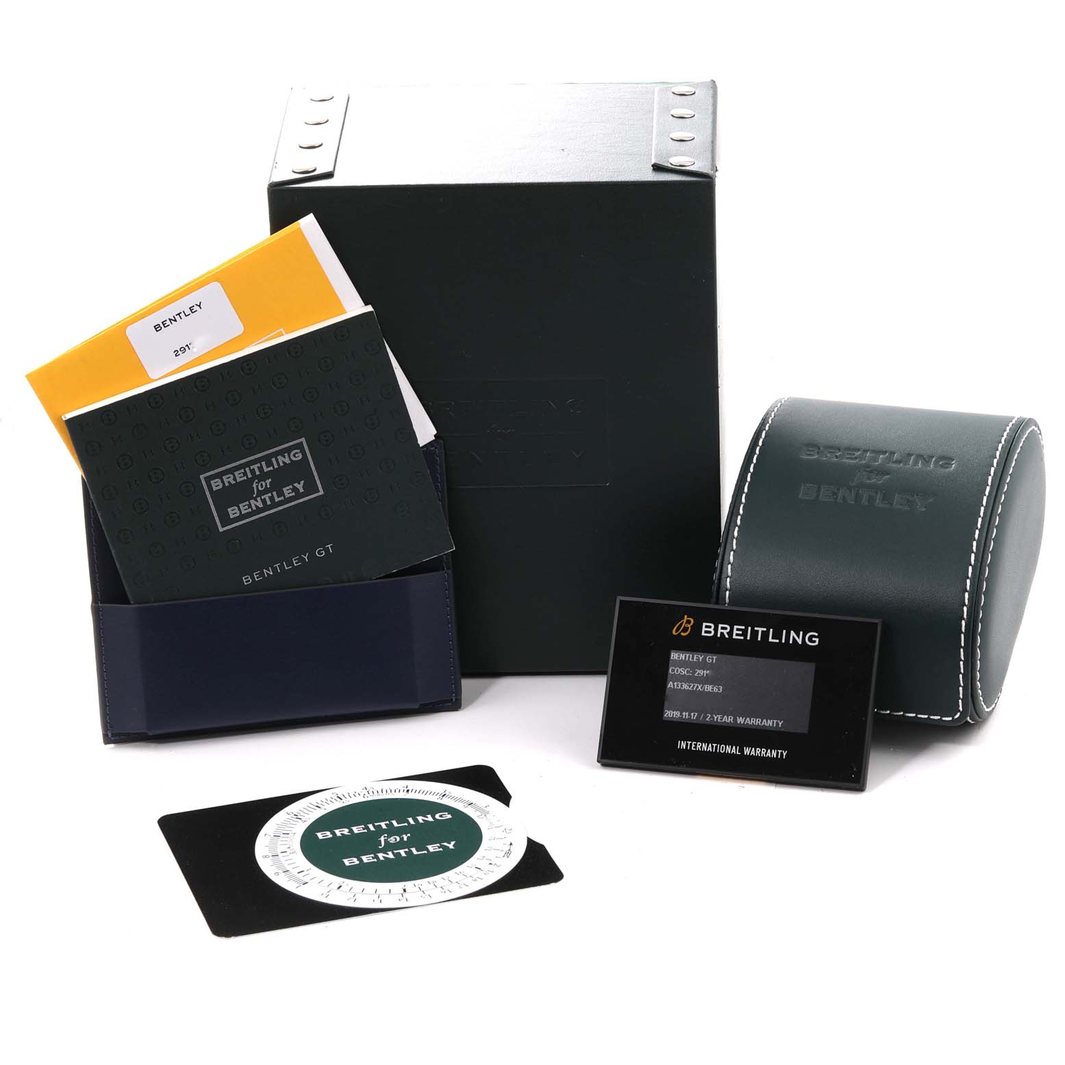 The image shows a straight-on view of the Breitling Bentley A13362 Men's Stainless Steel Mother of Pearl Dial A13362 Men's Stainless Steel Mother of Pearl Dial watch's box, manuals, warranty card, and a leather pouch.