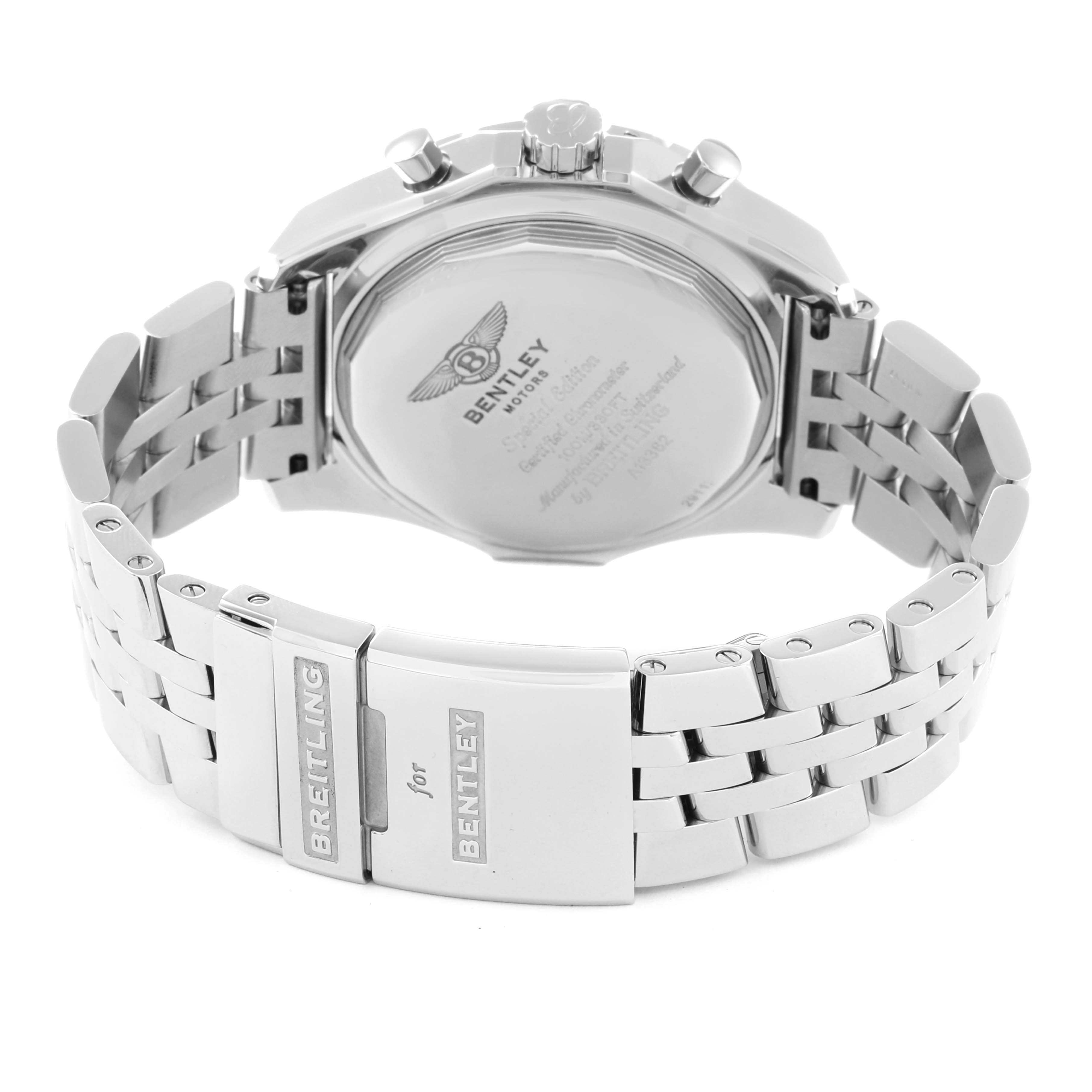 The image shows the backside and bracelet clasp of the Breitling Bentley A13362 Men's Stainless Steel Mother of Pearl Dial A13362 Men's Stainless Steel Mother of Pearl Dial model watch.