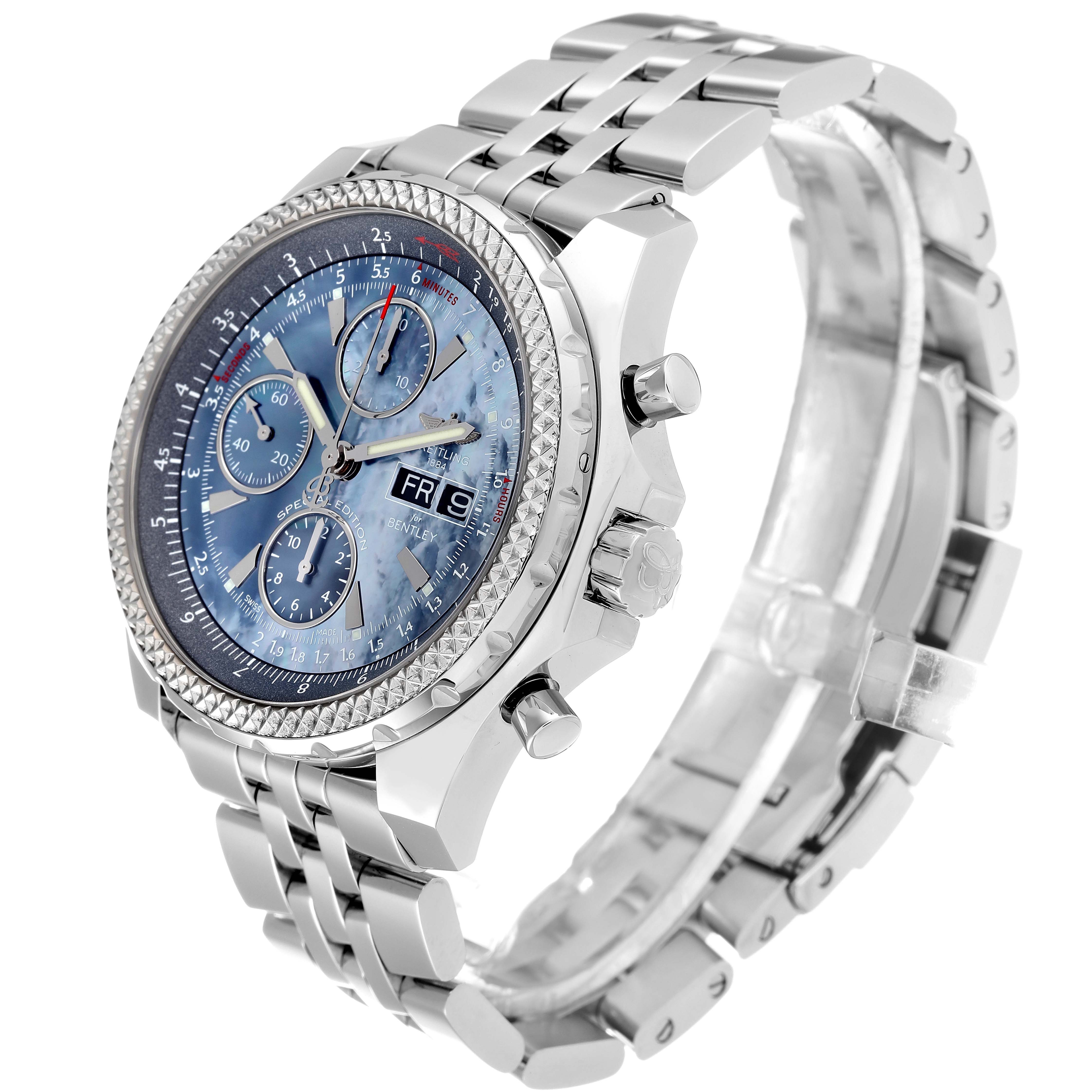 This image shows a Breitling Bentley A13362 Men's Stainless Steel Mother of Pearl Dial A13362 Men's Stainless Steel Mother of Pearl Dial model watch at a slight angle, displaying its face, bezel, crown, and metal bracelet.