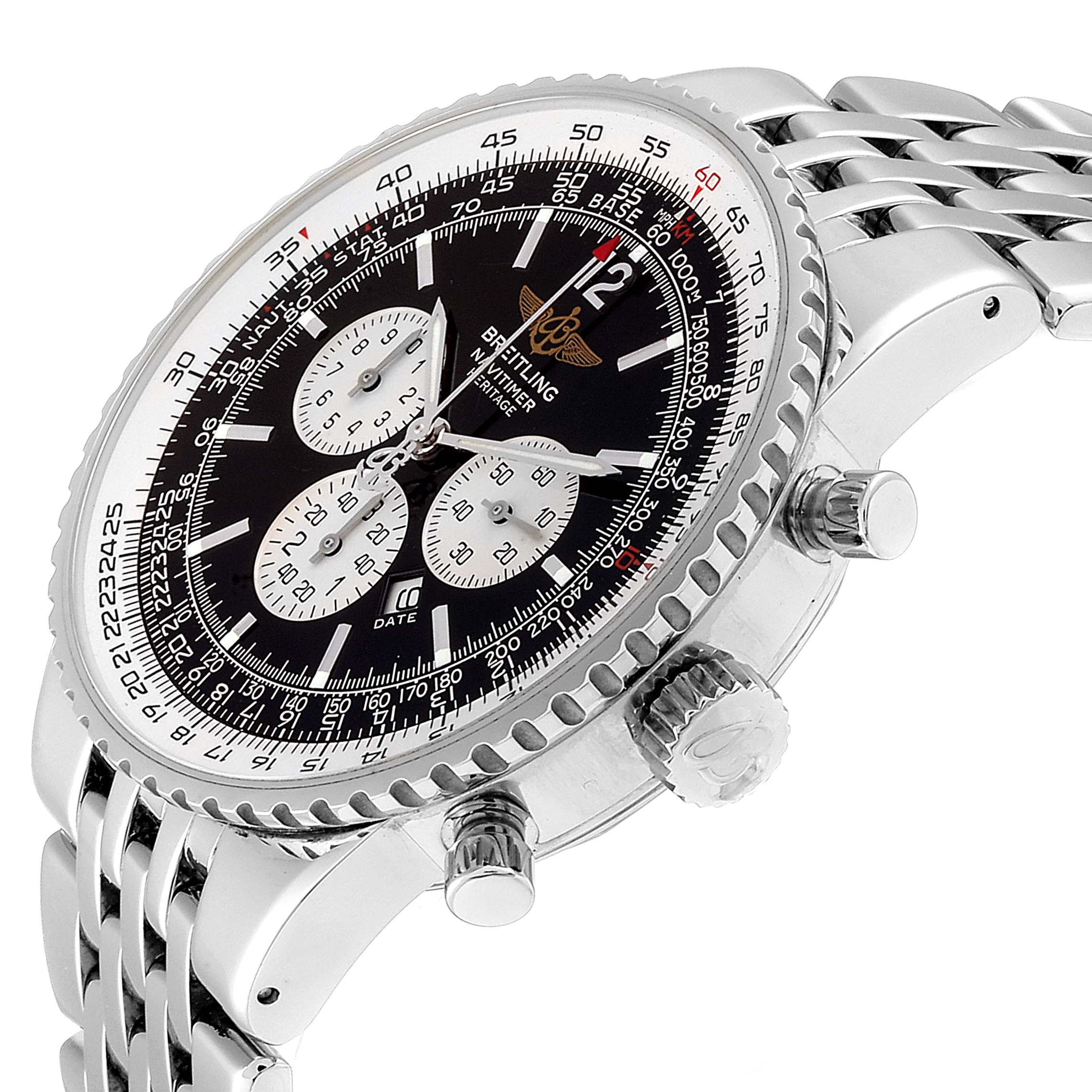 This image shows a Breitling Navitimer A35340 Men's Stainless Steel Black Dial A35340 Men's Stainless Steel Black Dial watch at a slight angle, highlighting the dial, bezel, crown, pushers, and bracelet.
