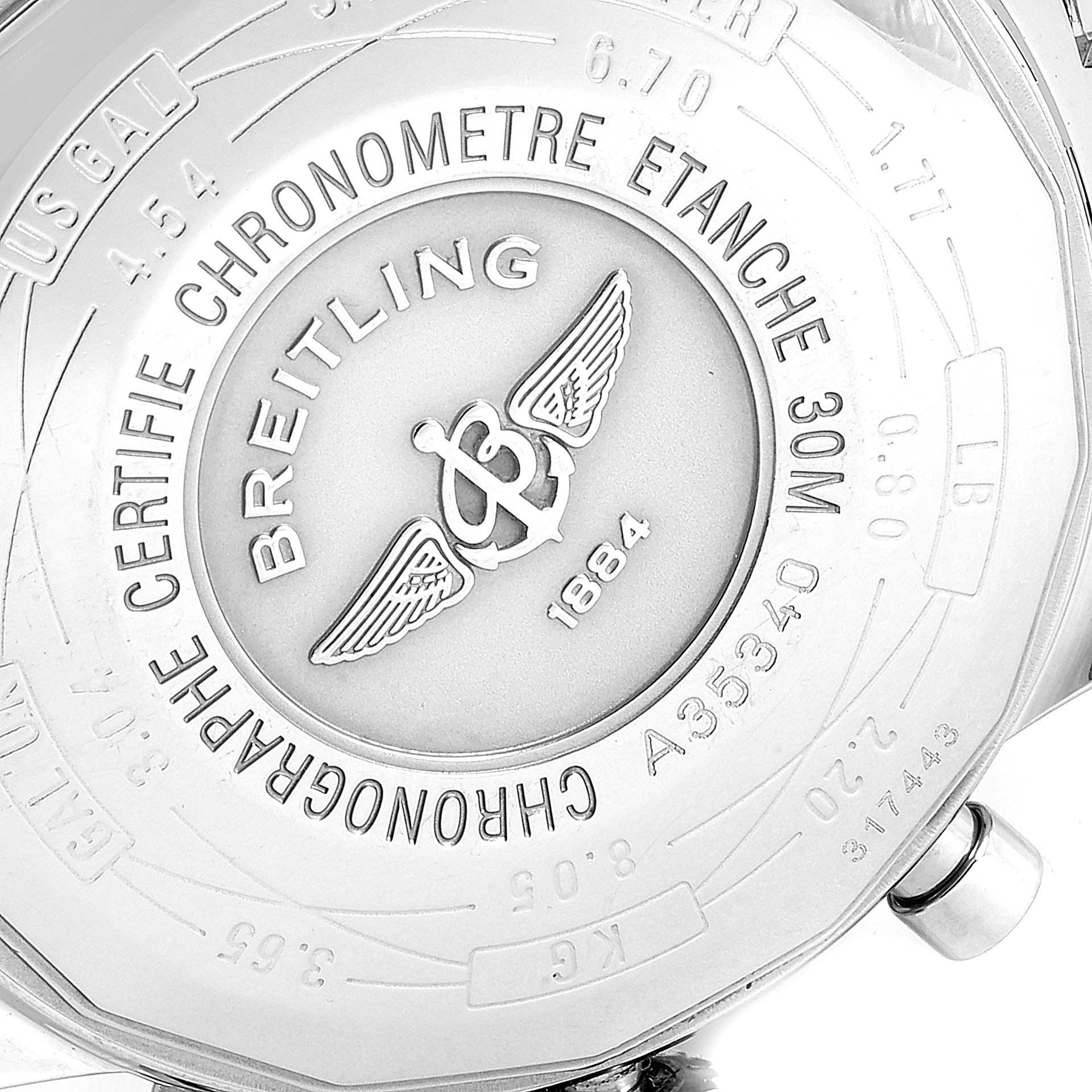 This image shows the case back of a Breitling Navitimer A35340 Men's Stainless Steel Black Dial A35340 Men's Stainless Steel Black Dial, highlighting the branding and specifications.