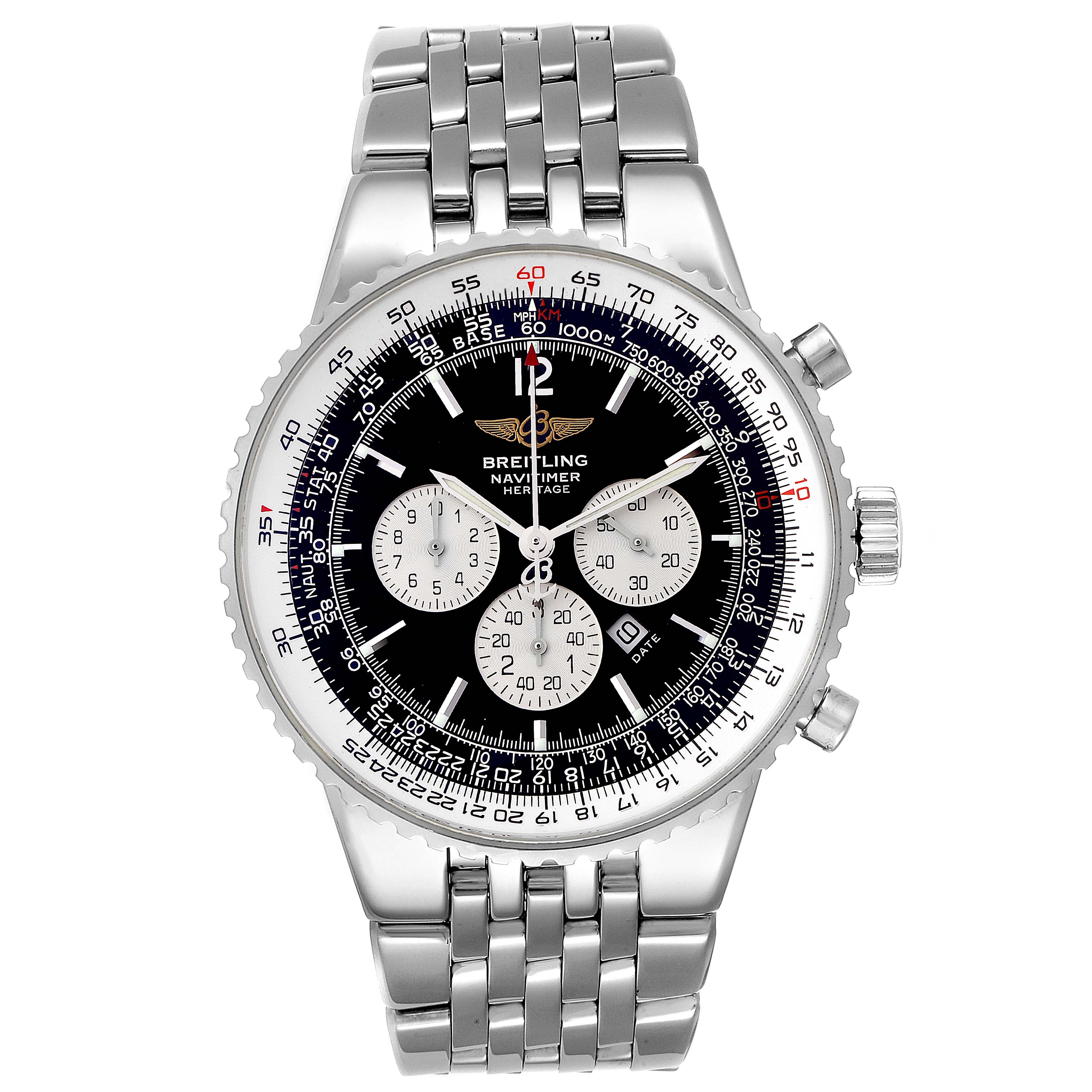 The Breitling Navitimer A35340 Men's Stainless Steel Black Dial A35340 Men's Stainless Steel Black Dial watch is shown from a front angle, highlighting its dial, bezel, chronograph subdials, and metal bracelet.