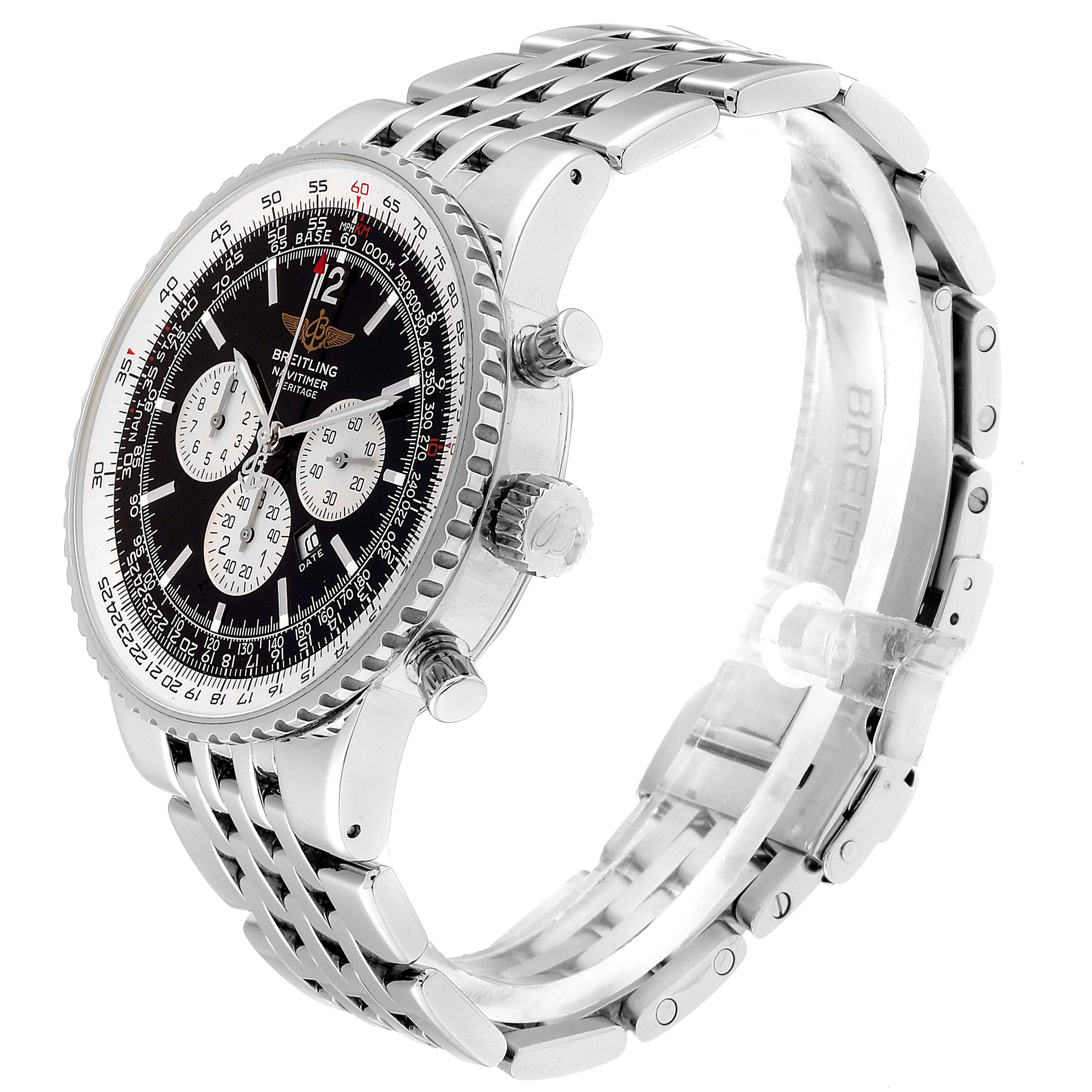 The image shows a side-angle view of a Breitling Navitimer A35340 Men's Stainless Steel Black Dial A35340 Men's Stainless Steel Black Dial watch, highlighting its bracelet, case, crown, and pushers.