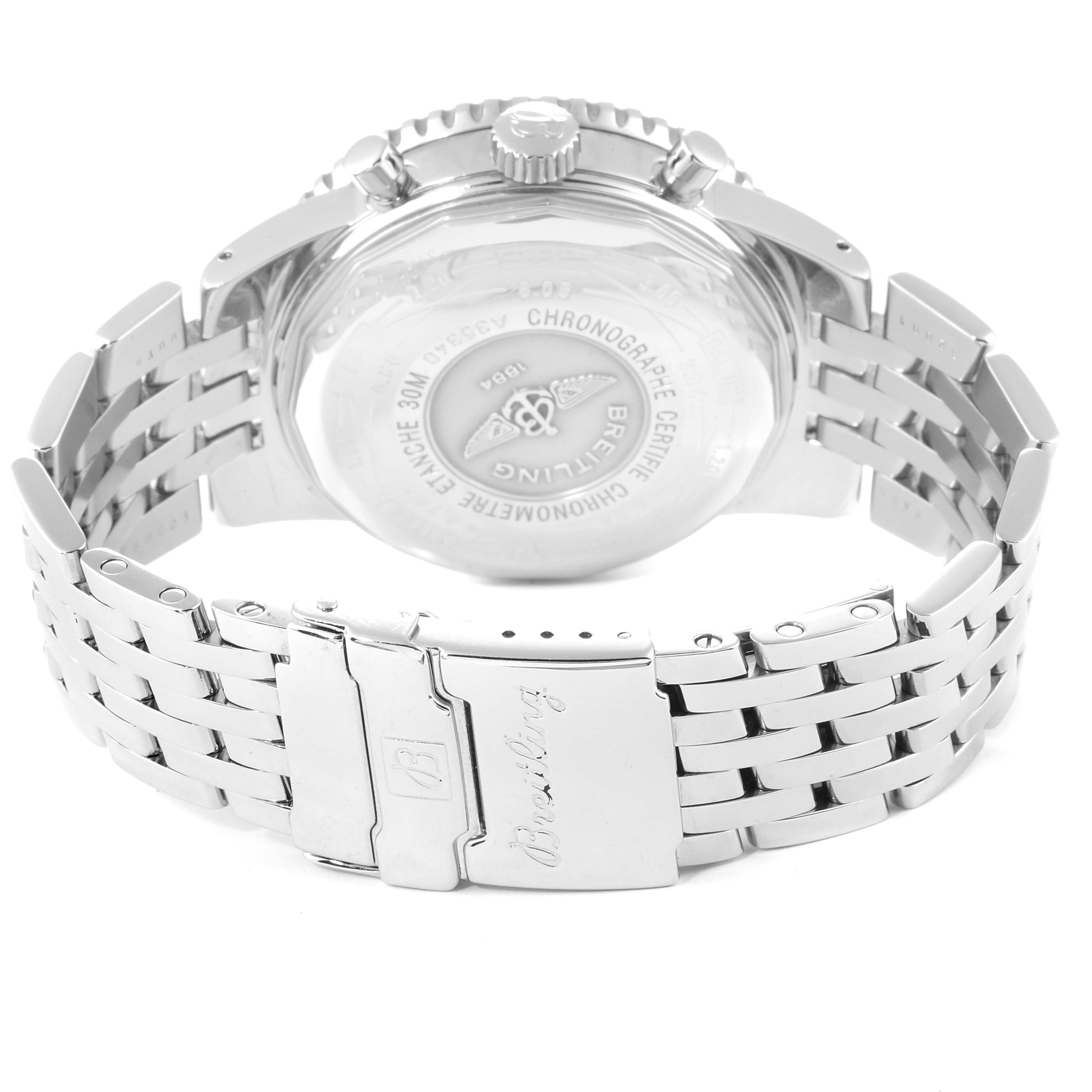 This image shows the back case and metal bracelet of a Breitling Navitimer A35340 Men's Stainless Steel Black Dial A35340 Men's Stainless Steel Black Dial watch from a rear angle.