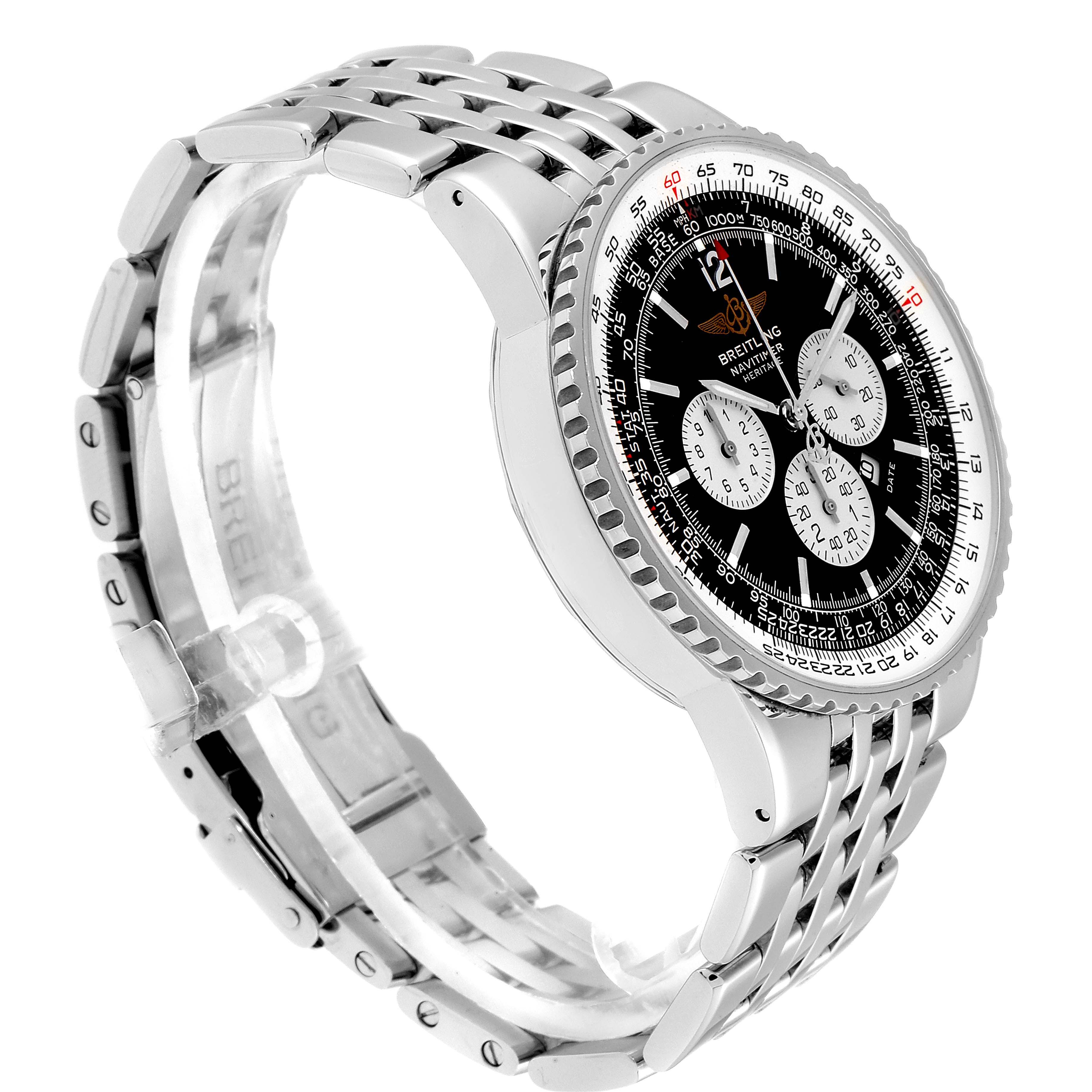 The image shows a side-angle view of a Breitling Navitimer A35340 Men's Stainless Steel Black Dial A35340 Men's Stainless Steel Black Dial watch, highlighting its stainless steel bracelet and black dial.