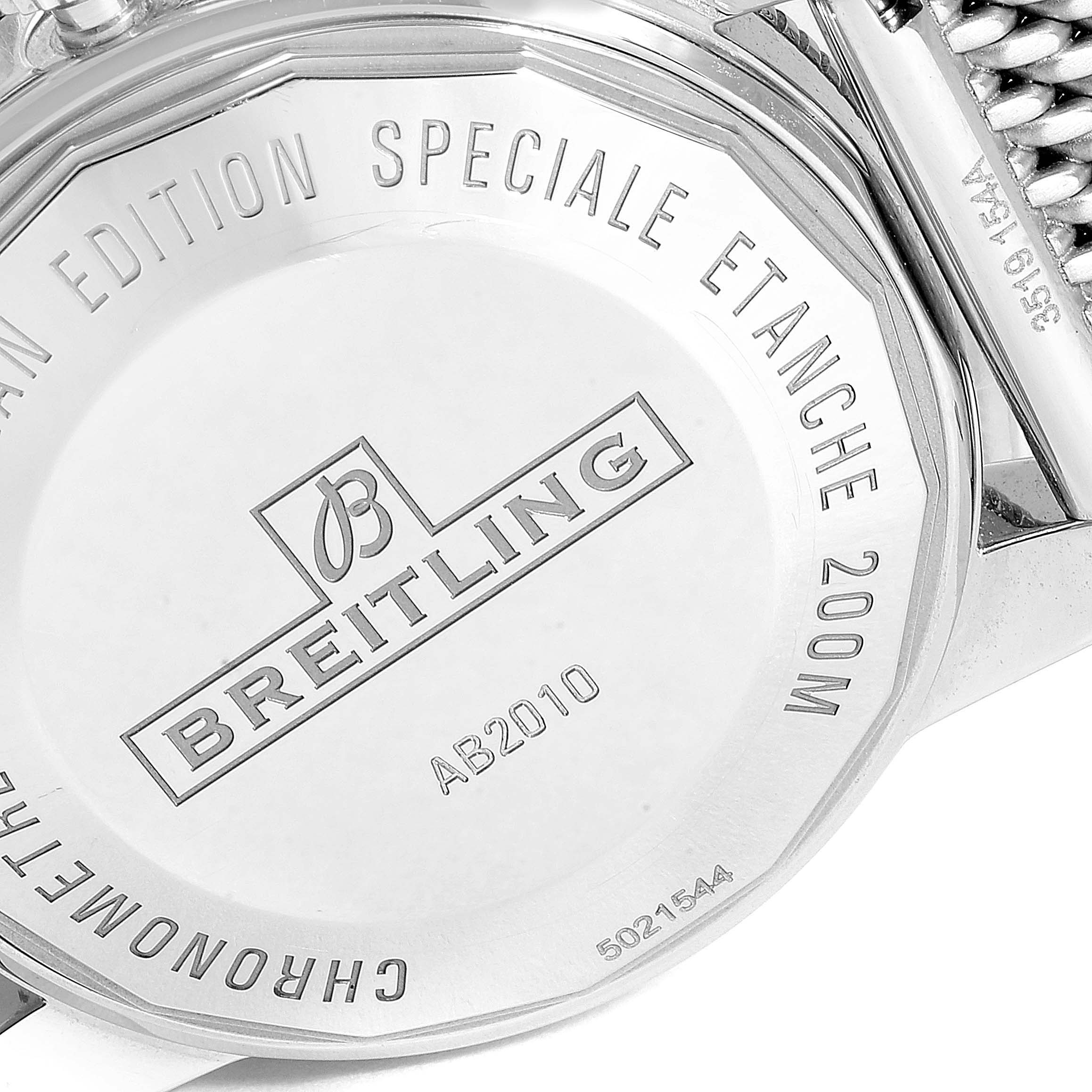 This image shows the case back of a Breitling Superocean AB2010161C1A1 Men
s Stainless Steel Blue Dial AB2010161C1A1 Men
s Stainless Steel Blue Dial watch, featuring engraved branding and details.