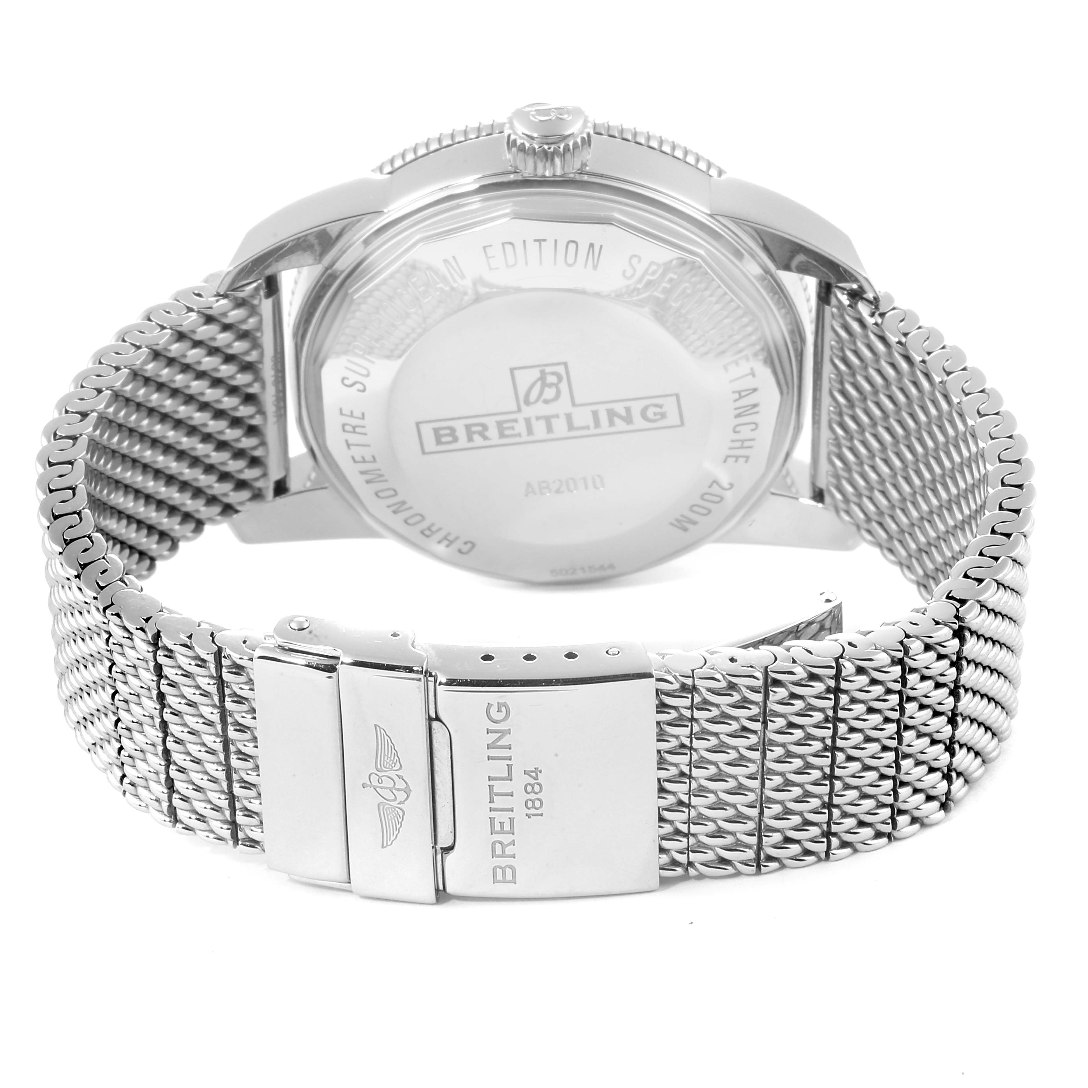 The image shows the back view of the Breitling Superocean AB2010161C1A1 Men
s Stainless Steel Blue Dial AB2010161C1A1 Men
s Stainless Steel Blue Dial watch, highlighting its case back and stainless steel mesh bracelet.