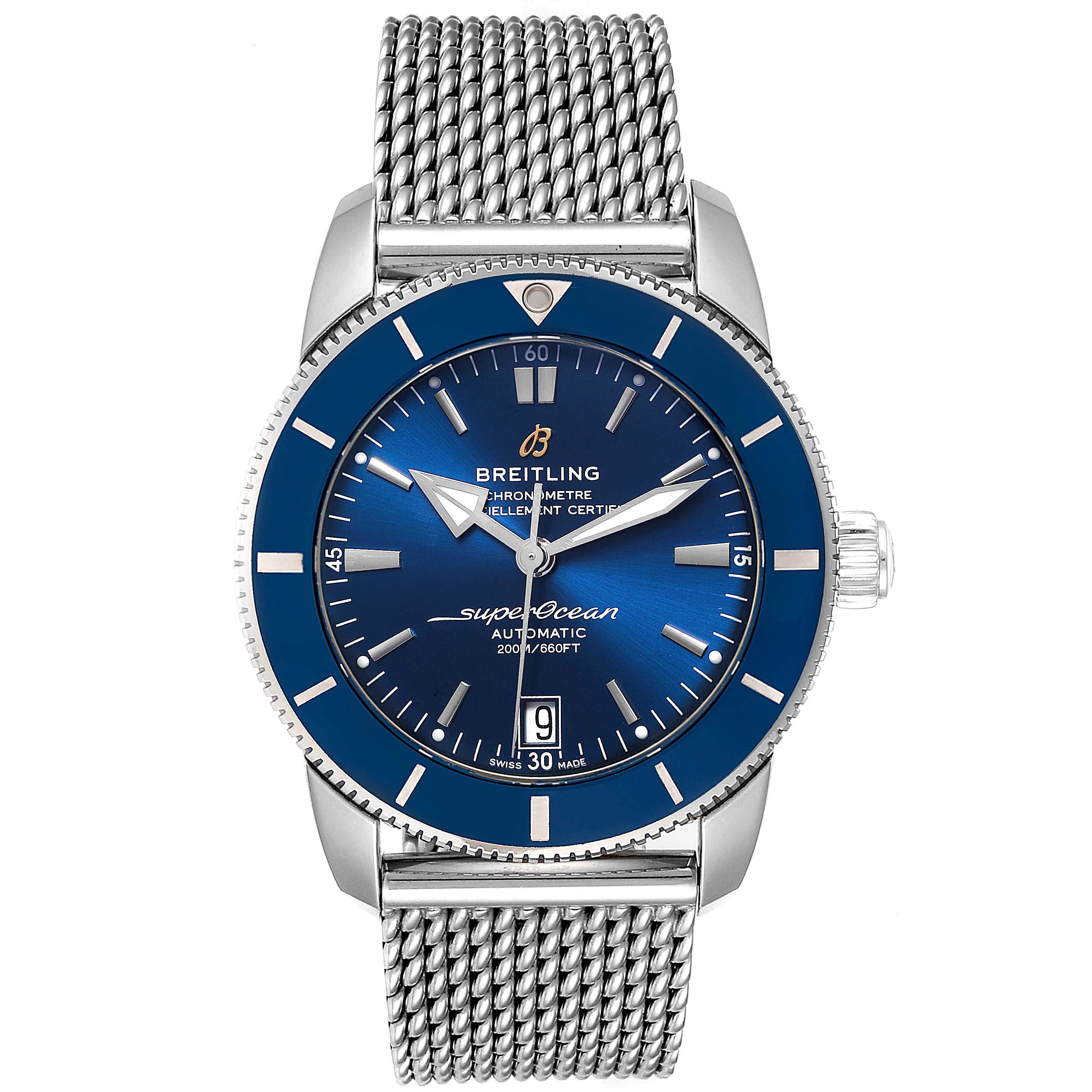 The Breitling Superocean AB2010161C1A1 Men
s Stainless Steel Blue Dial AB2010161C1A1 Men
s Stainless Steel Blue Dial watch is shown from a front angle, displaying its blue dial, bezel, and mesh strap.