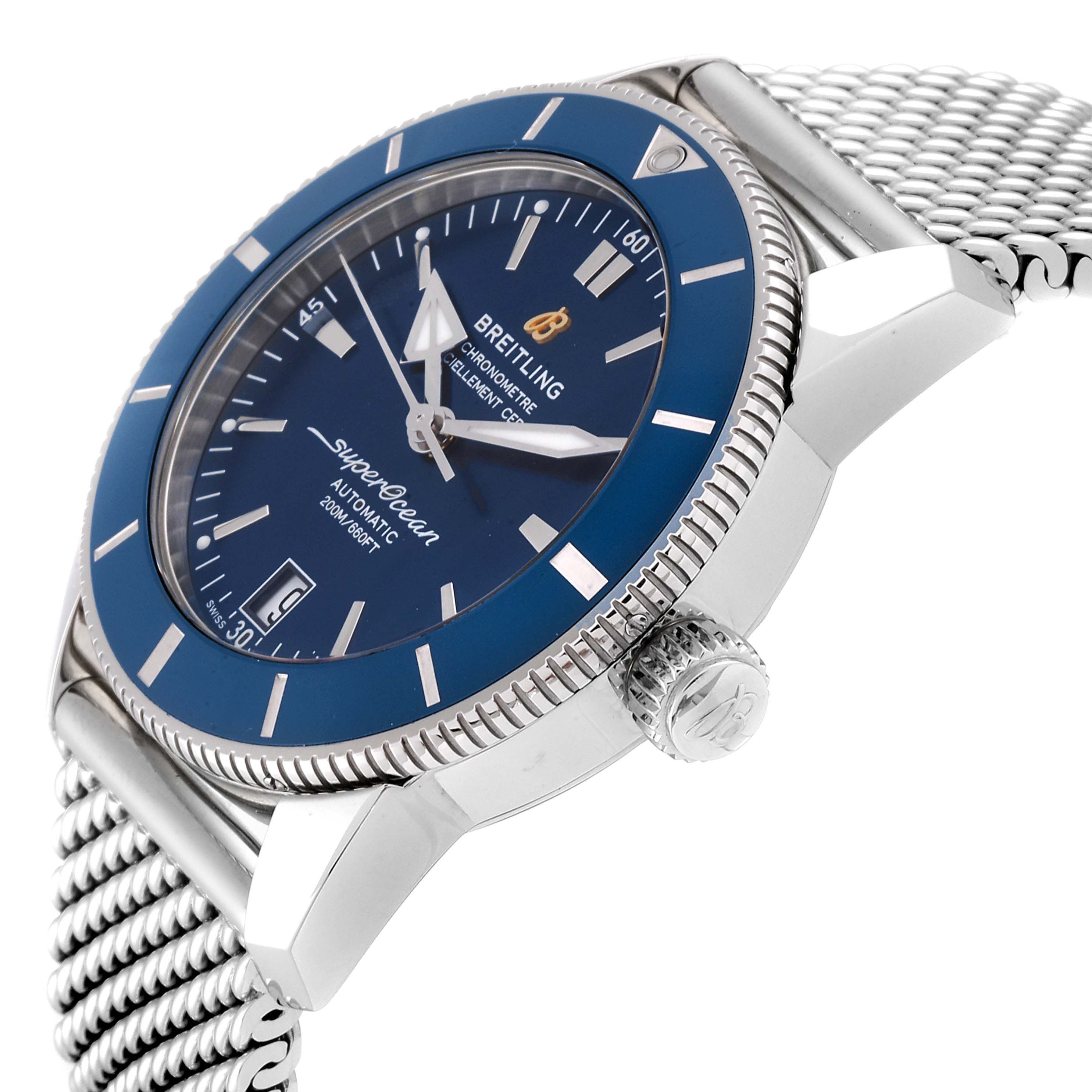 This image shows a side angle of the Breitling Superocean AB2010161C1A1 Men
s Stainless Steel Blue Dial AB2010161C1A1 Men
s Stainless Steel Blue Dial watch, highlighting the dial, bezel, crown, and bracelet.