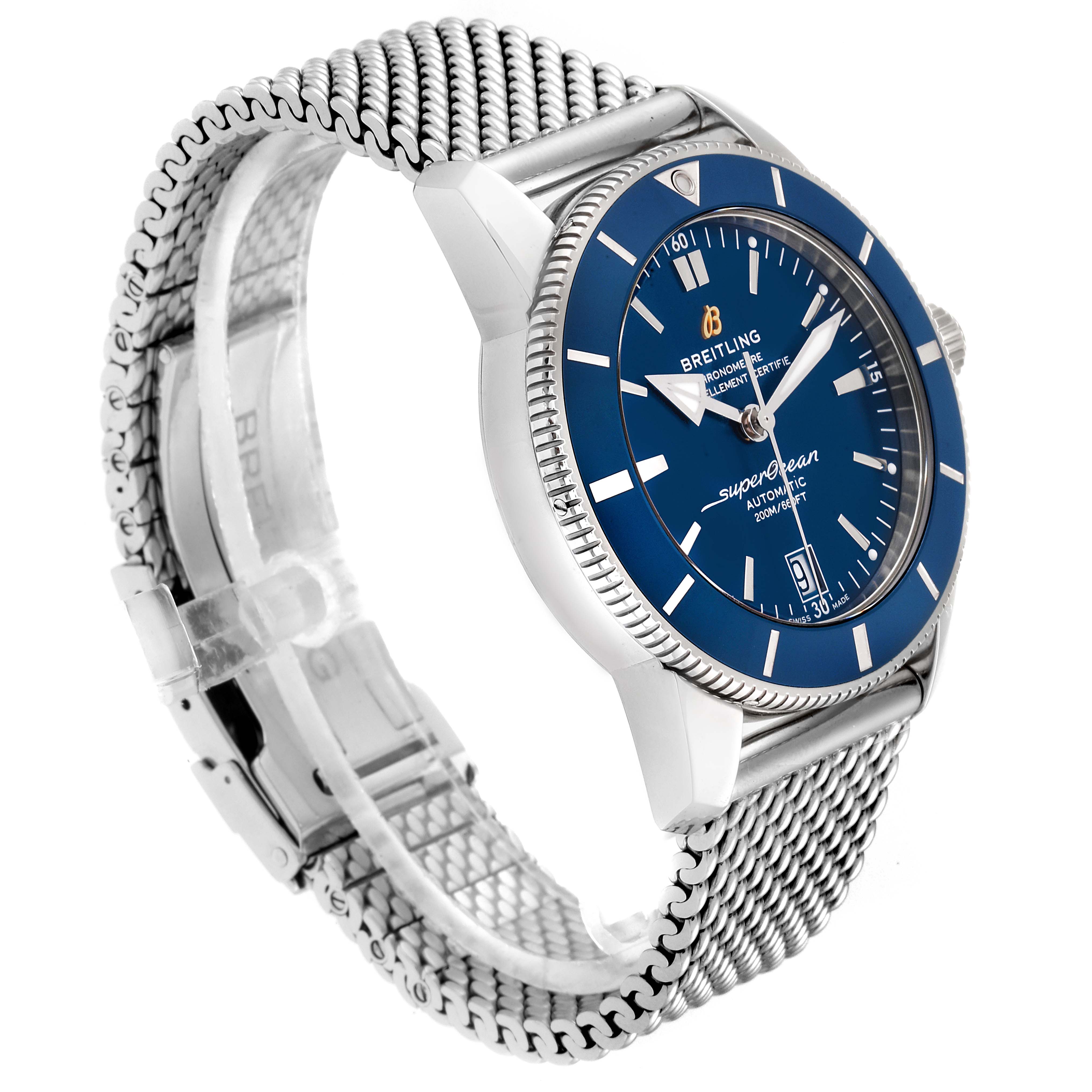 This image shows a Breitling Superocean AB2010161C1A1 Men
s Stainless Steel Blue Dial AB2010161C1A1 Men
s Stainless Steel Blue Dial watch angled from the front-left, displaying its blue dial and mesh bracelet.