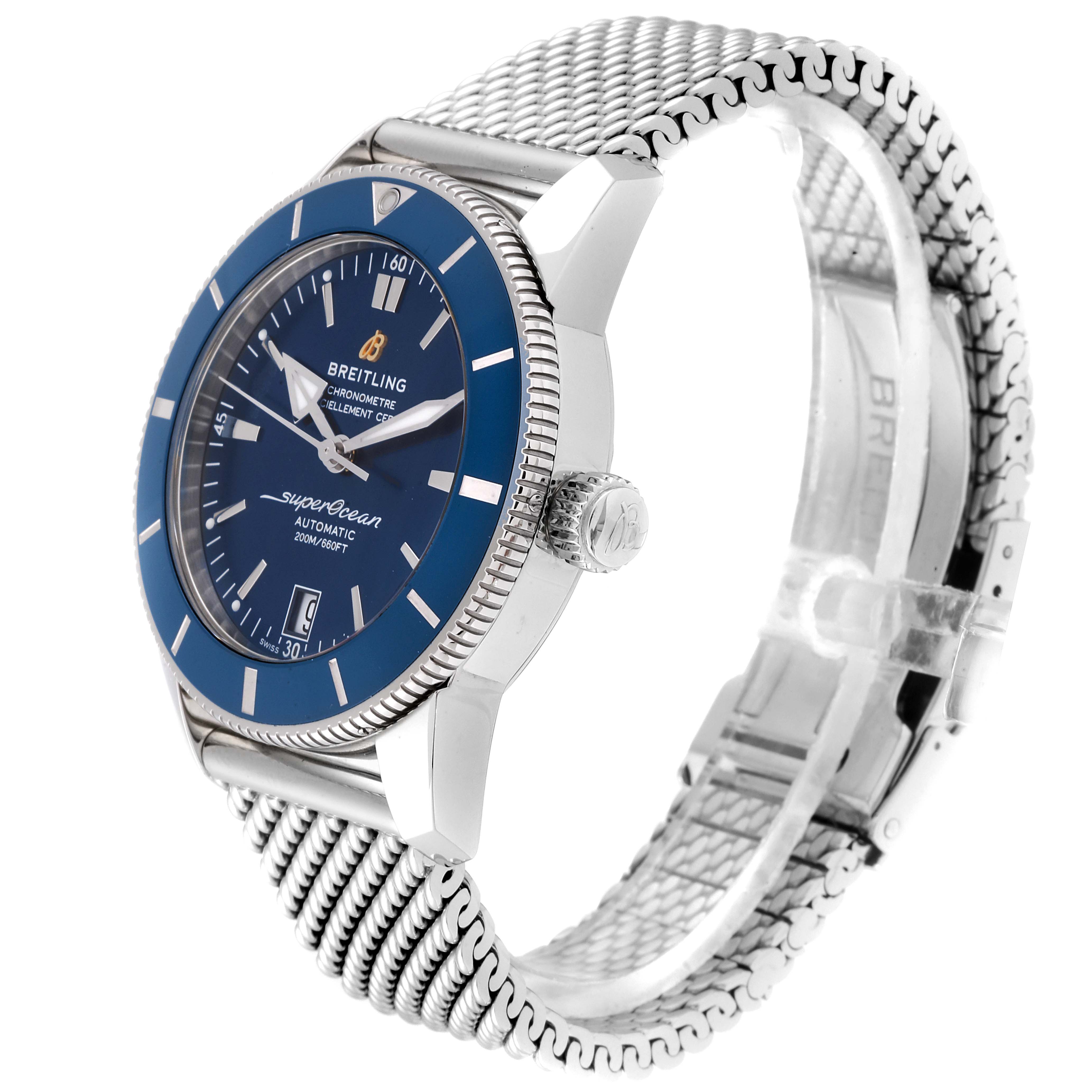 The image shows the Breitling Superocean AB2010161C1A1 Men
s Stainless Steel Blue Dial AB2010161C1A1 Men
s Stainless Steel Blue Dial watch at a three-quarter angle, highlighting its blue bezel, dial, and mesh bracelet.