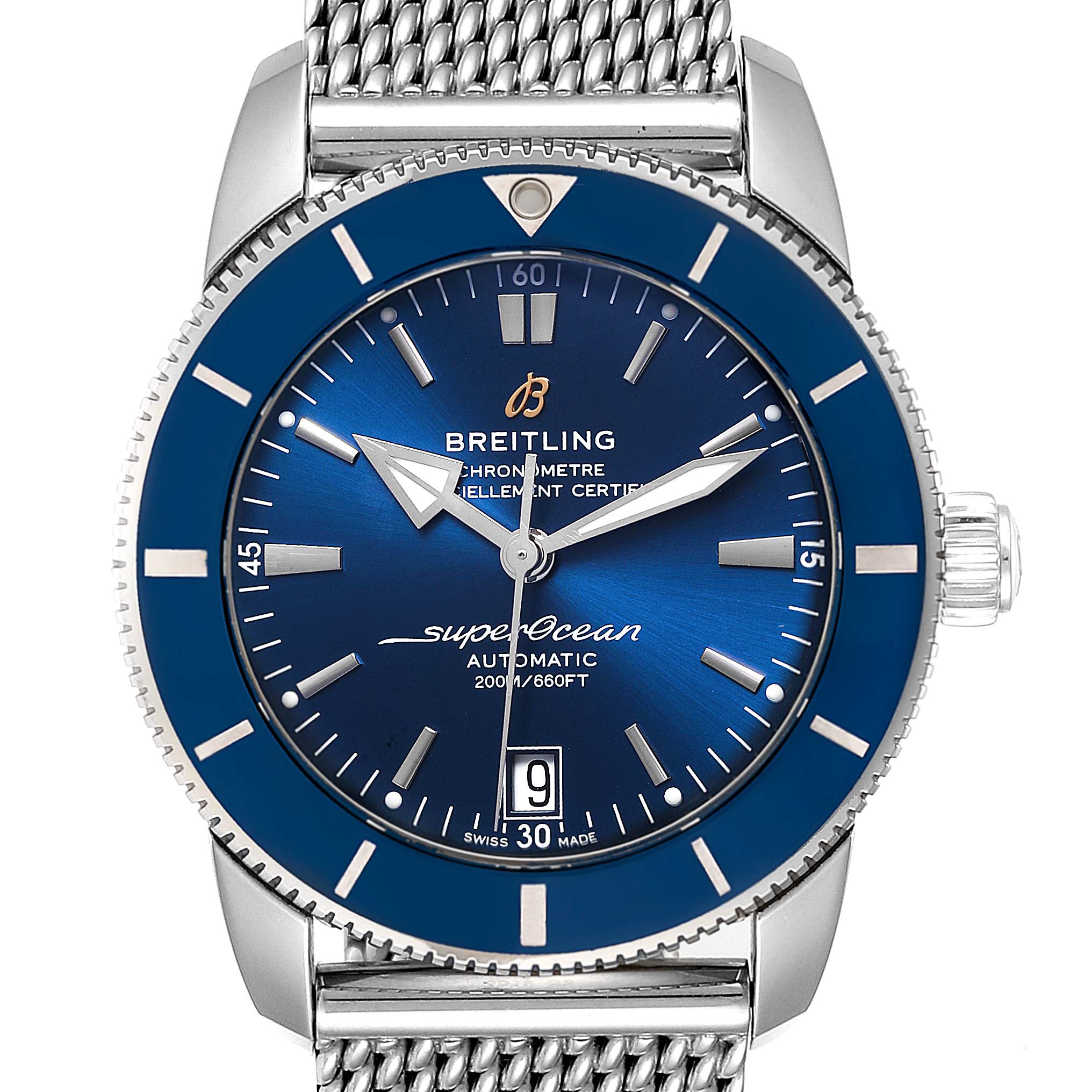 The image shows a front view of the Breitling Superocean AB2010161C1A1 Men
s Stainless Steel Blue Dial AB2010161C1A1 Men
s Stainless Steel Blue Dial watch, highlighting the blue dial, bezel, and stainless steel mesh strap.