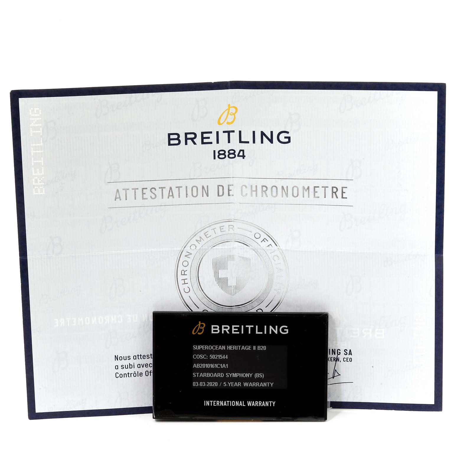 The image shows the certification and international warranty card for the Breitling Superocean AB2010161C1A1 Men
s Stainless Steel Blue Dial AB2010161C1A1 Men
s Stainless Steel Blue Dial Heritage II B20 watch.