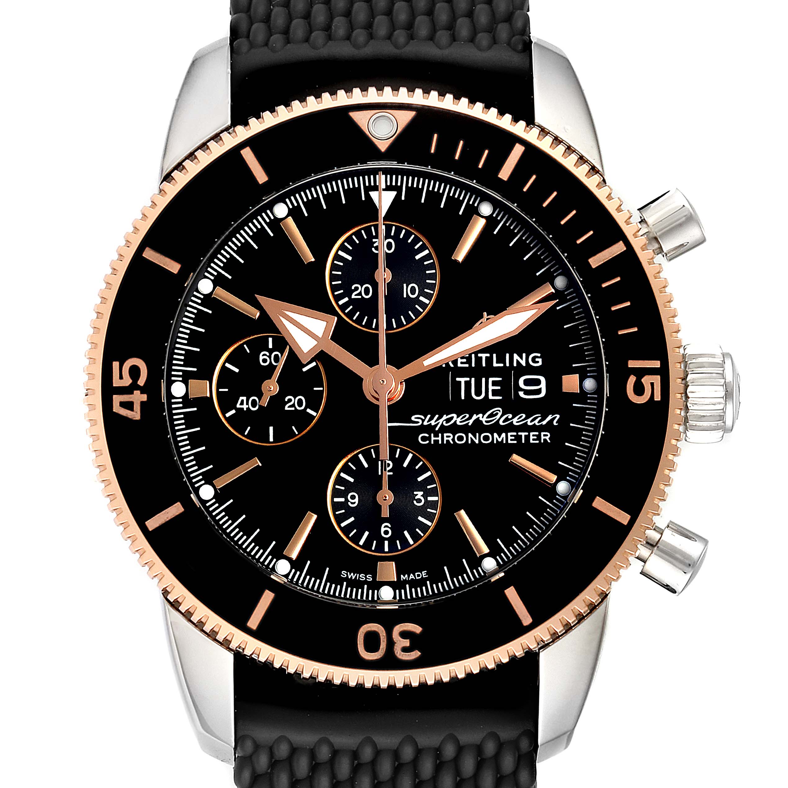 The image shows a frontal view of the Breitling Superocean U1331312/BG50/279S/A20D.4 Men's Stainless Steel Black Dial U1331312/BG50/279S/A20D.4 Men's Stainless Steel Black Dial watch, displaying its dial, bezel, and part of the strap.