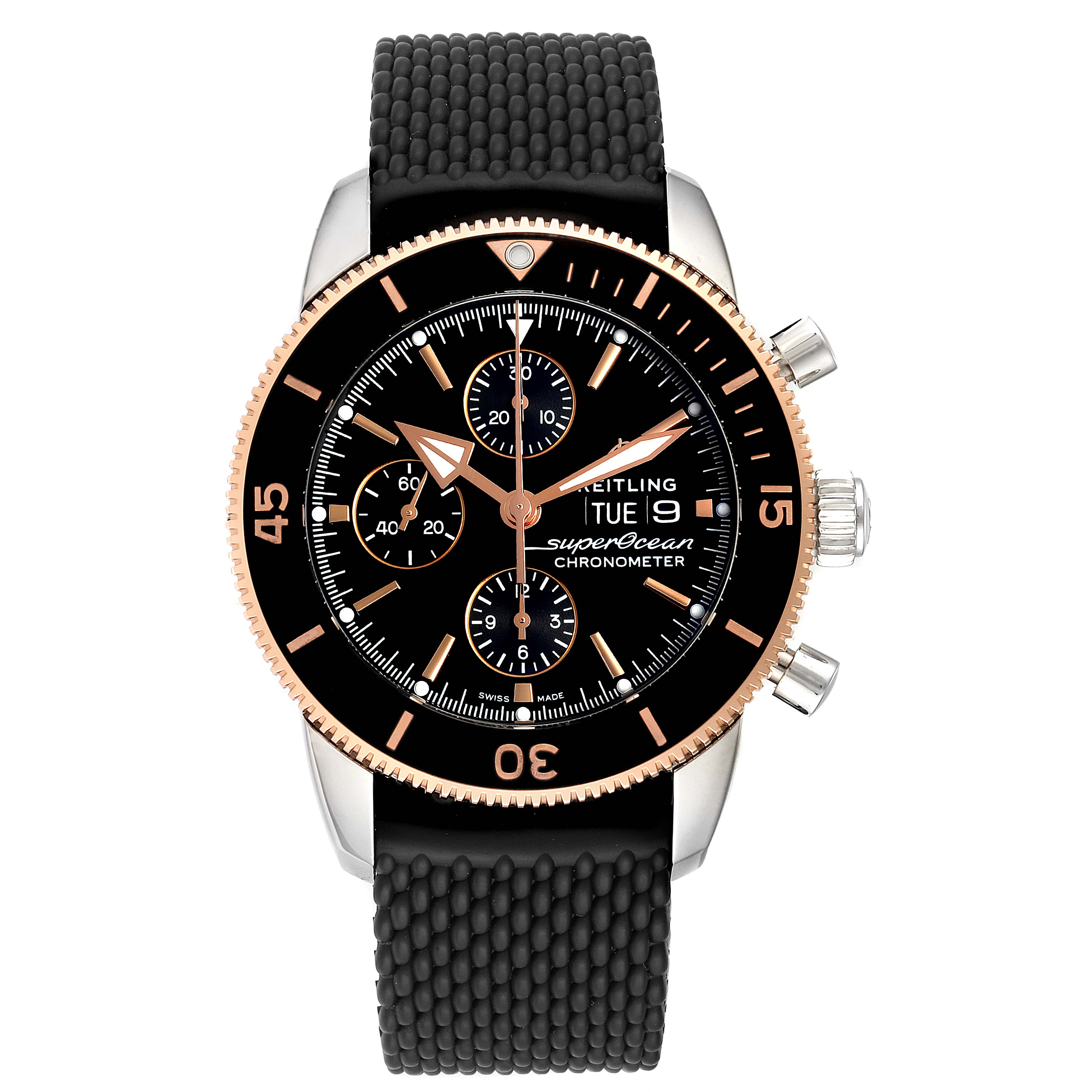 The image shows a front view of the Breitling Superocean U1331312/BG50/279S/A20D.4 Men's Stainless Steel Black Dial U1331312/BG50/279S/A20D.4 Men's Stainless Steel Black Dial watch, displaying its face, bezel, and black strap.