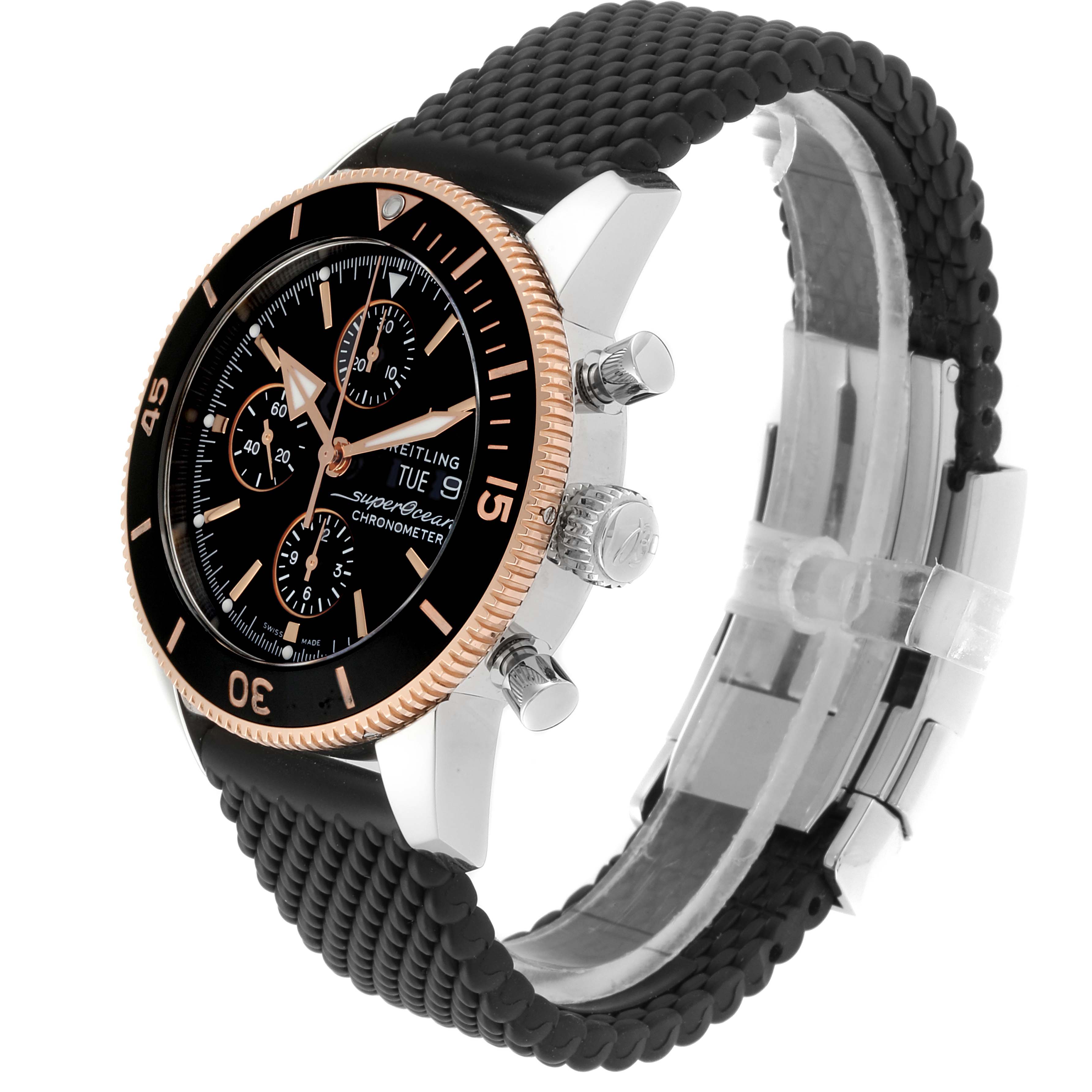 The Breitling Superocean U1331312/BG50/279S/A20D.4 Men's Stainless Steel Black Dial U1331312/BG50/279S/A20D.4 Men's Stainless Steel Black Dial watch is shown at a three-quarter angle, highlighting the bezel, chronograph dials, crown, and pushers.