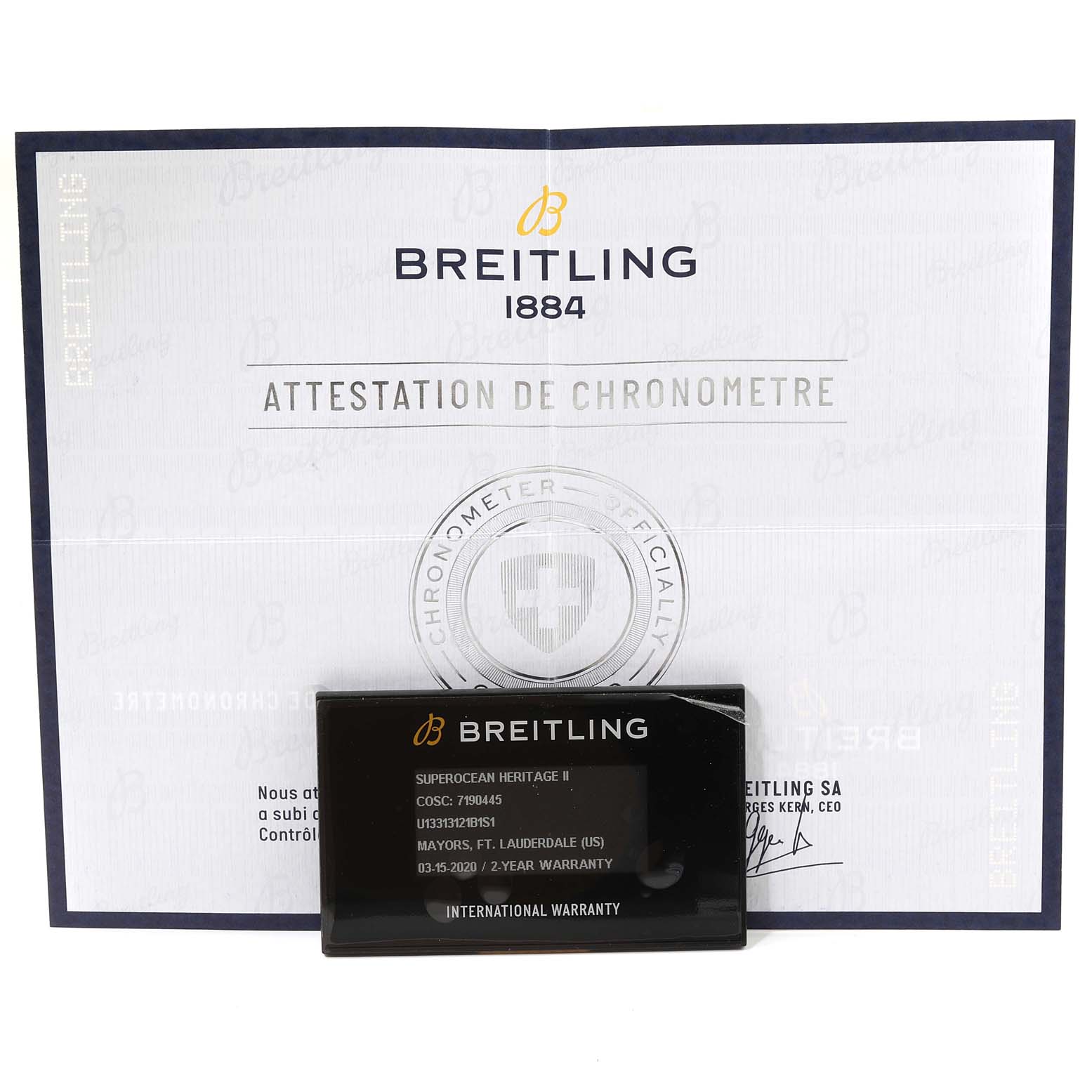 The image shows the certificate and warranty card for a Breitling Superocean U1331312/BG50/279S/A20D.4 Men's Stainless Steel Black Dial U1331312/BG50/279S/A20D.4 Men's Stainless Steel Black Dial Heritage II watch.