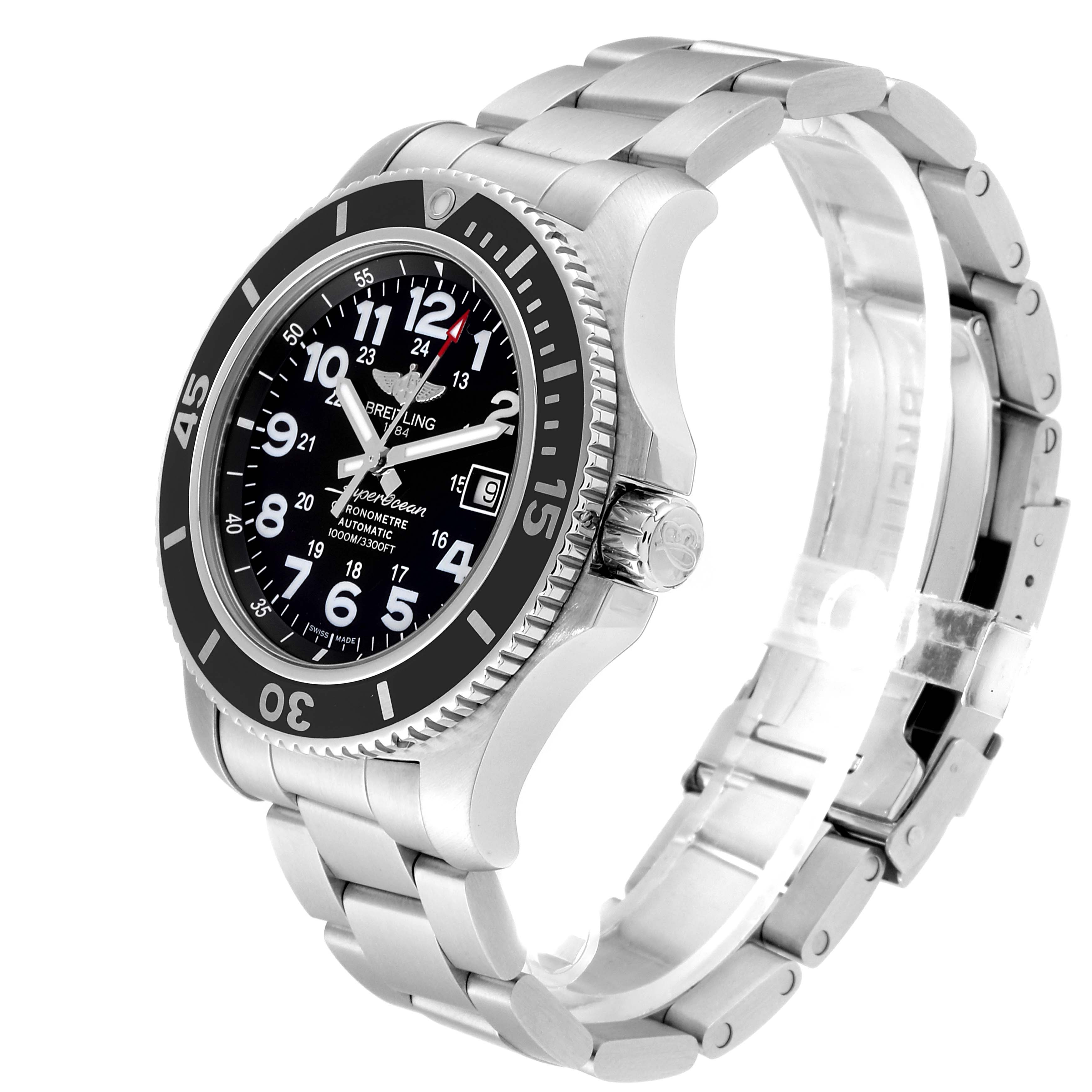 The Breitling Superocean A17392D8/C910 Men
s Stainless Steel Black Dial A17392D8/C910 Men
s Stainless Steel Black Dial watch is shown from a three-quarter angle, displaying its face, bezel, crown, and metal bracelet.