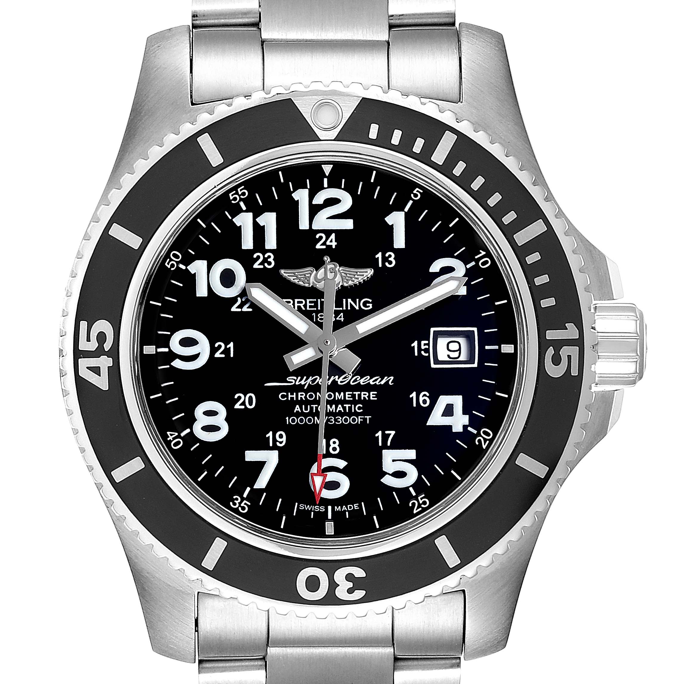 The image shows a frontal view of the Breitling Superocean A17392D8/C910 Men
s Stainless Steel Black Dial A17392D8/C910 Men
s Stainless Steel Black Dial watch, featuring its bezel, dial, hands, date display, and stainless steel bracelet.
