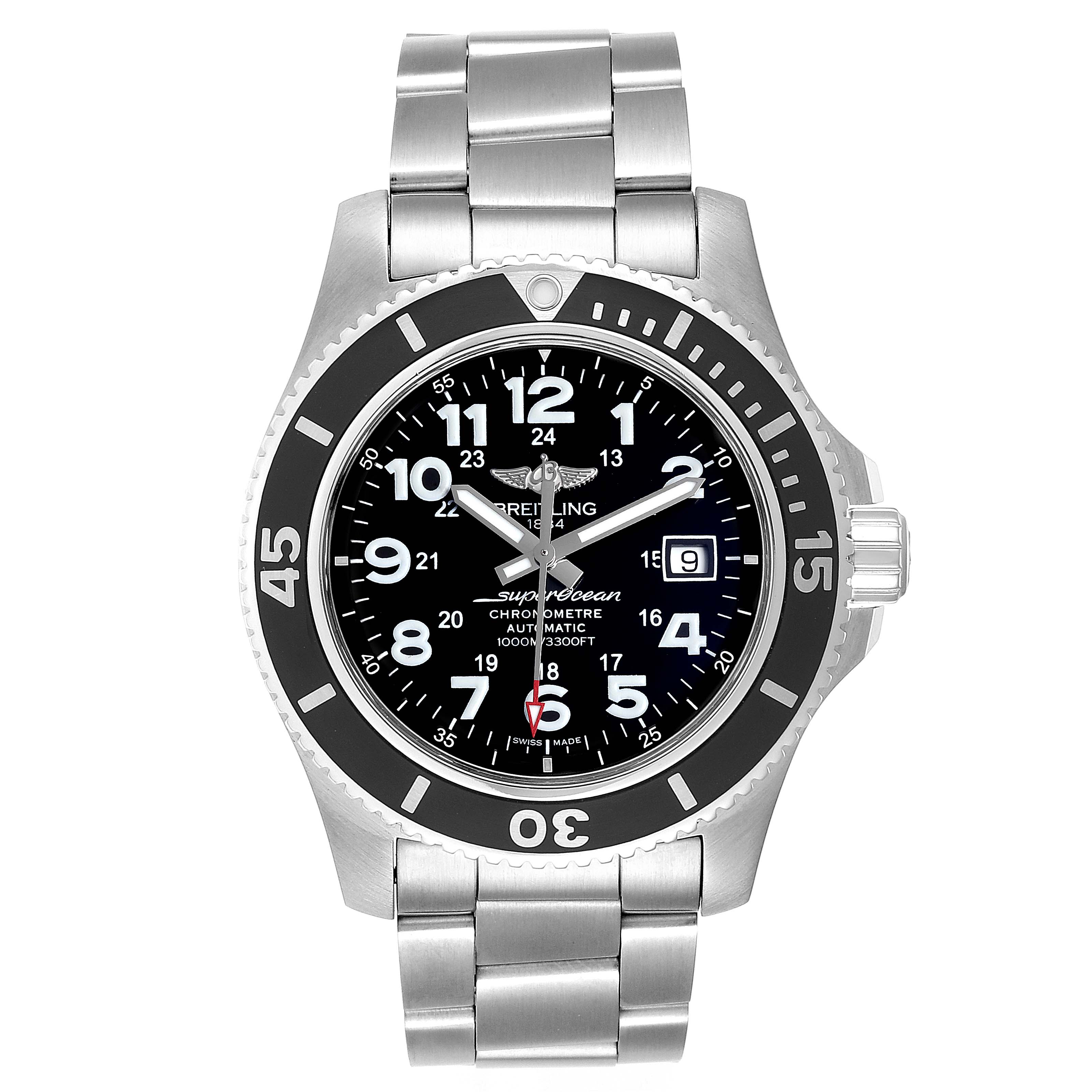 This Breitling Superocean A17392D8/C910 Men
s Stainless Steel Black Dial A17392D8/C910 Men
s Stainless Steel Black Dial watch is shown from a front angle, displaying its stainless steel bracelet, bezel, and black dial.