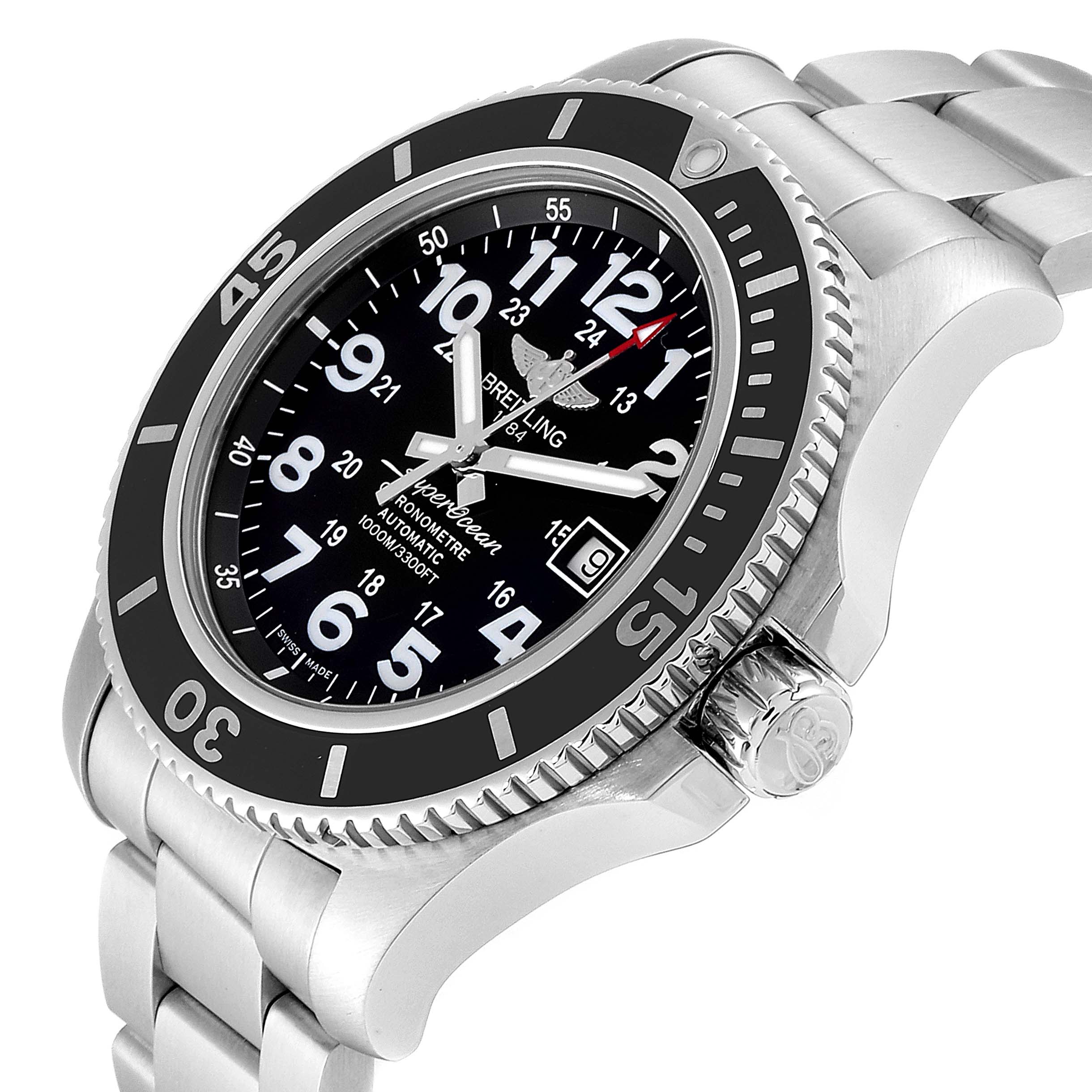 The Breitling Superocean A17392D8/C910 Men
s Stainless Steel Black Dial A17392D8/C910 Men
s Stainless Steel Black Dial watch is shown from an angled side view, displaying the face, bezel, crown, and part of the bracelet.