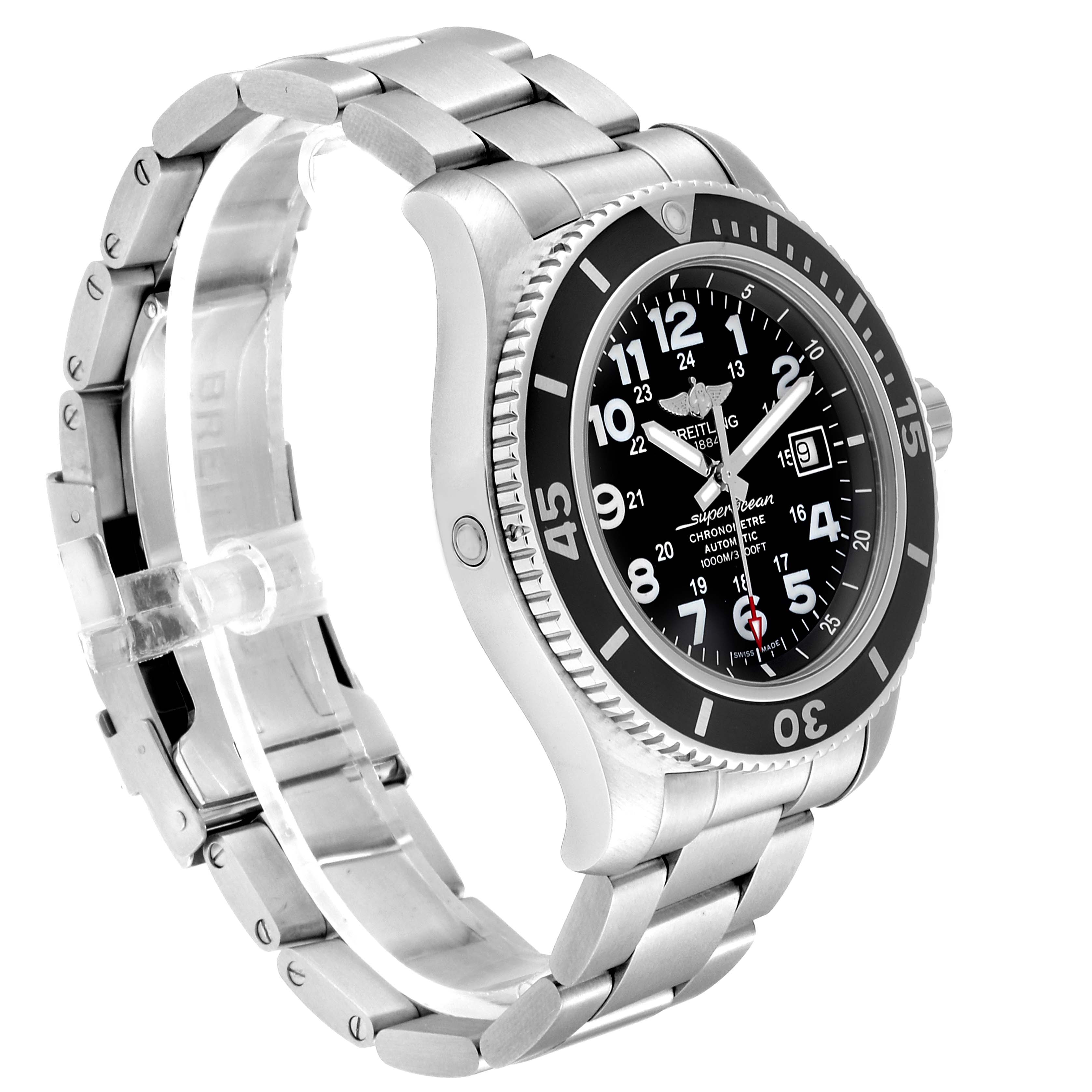 The Breitling Superocean A17392D8/C910 Men
s Stainless Steel Black Dial A17392D8/C910 Men
s Stainless Steel Black Dial watch is displayed at a slight angle, showcasing its face, bezel, and metal bracelet.