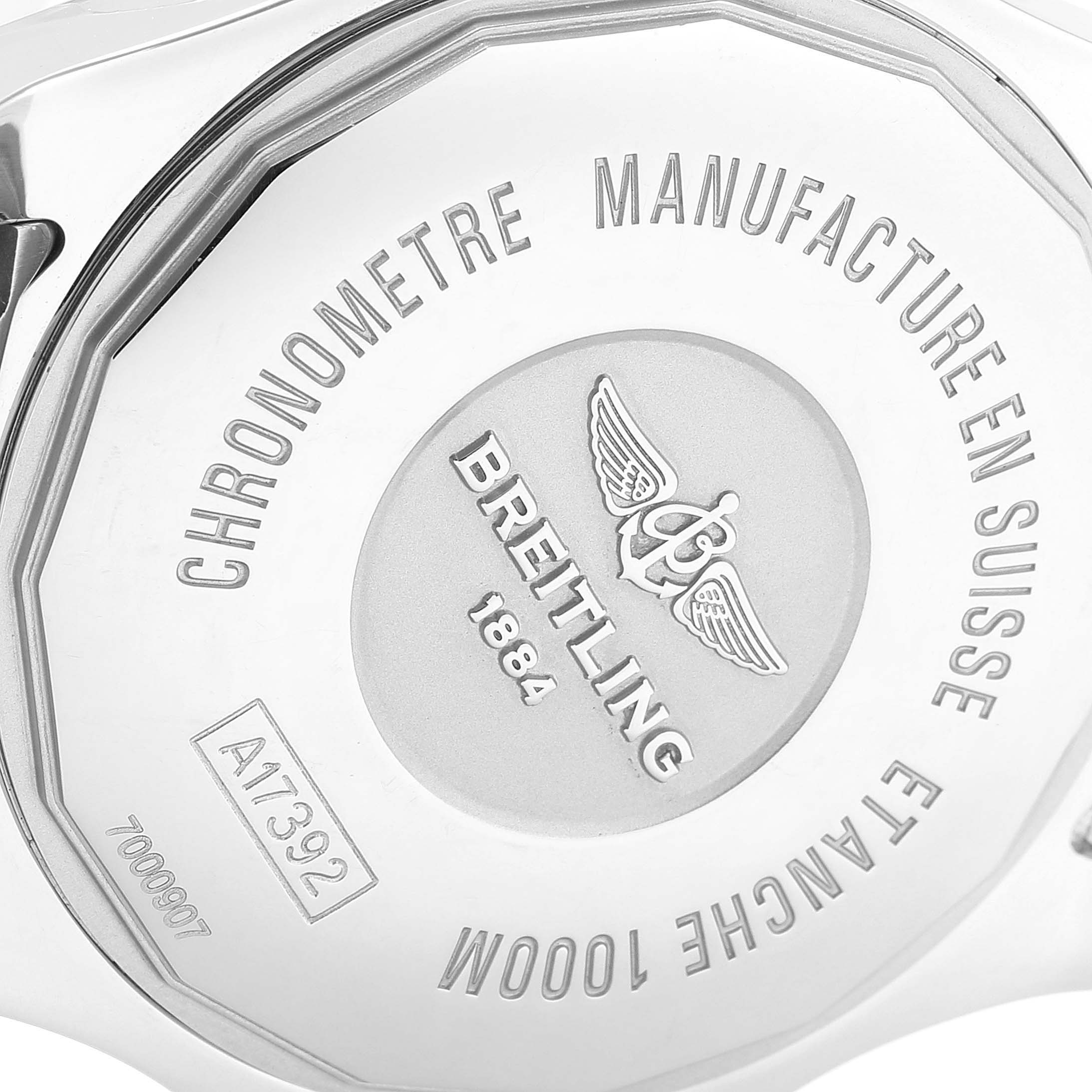 This image shows the back case of a Breitling Superocean A17392D8/C910 Men
s Stainless Steel Black Dial A17392D8/C910 Men
s Stainless Steel Black Dial watch at a close-up angle.