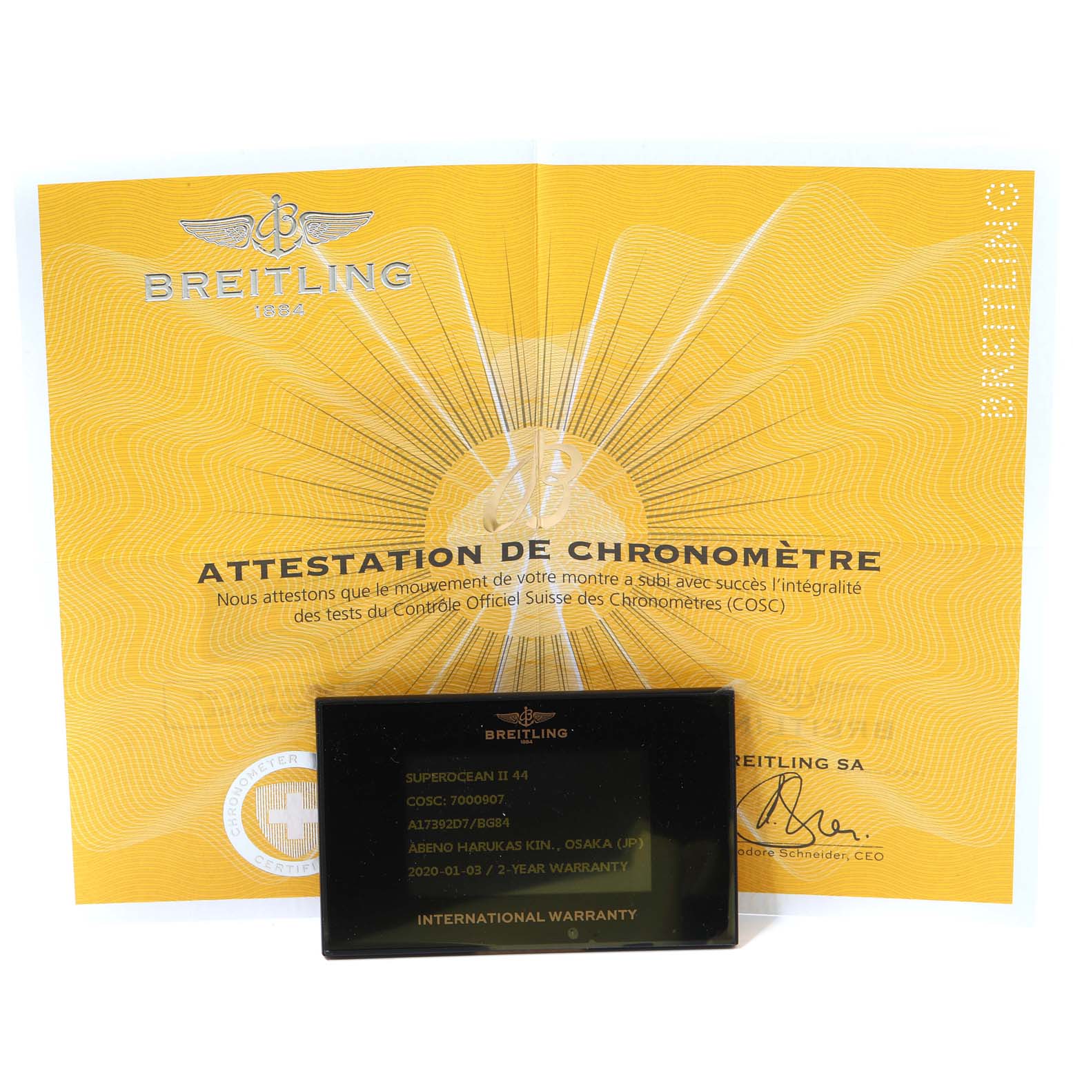 The image shows the warranty card and chronometer certification for the Breitling Superocean A17392D8/C910 Men
s Stainless Steel Black Dial A17392D8/C910 Men
s Stainless Steel Black Dial II 44 watch.