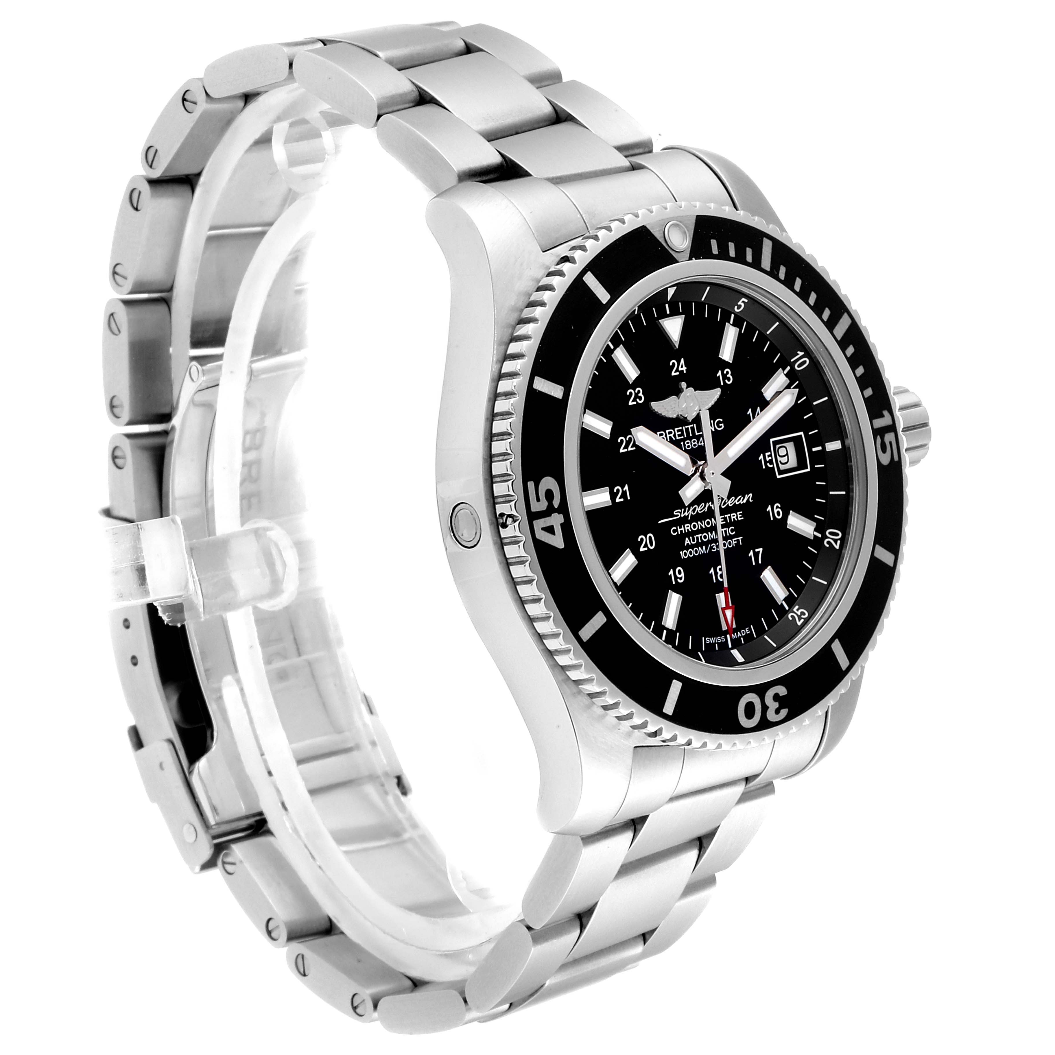 This Breitling Superocean A17392D8/C910 Men
s Stainless Steel Black Dial A17392D8/C910 Men
s Stainless Steel Black Dial watch is shown at a three-quarter angle, highlighting the dial, bezel, and metal bracelet.