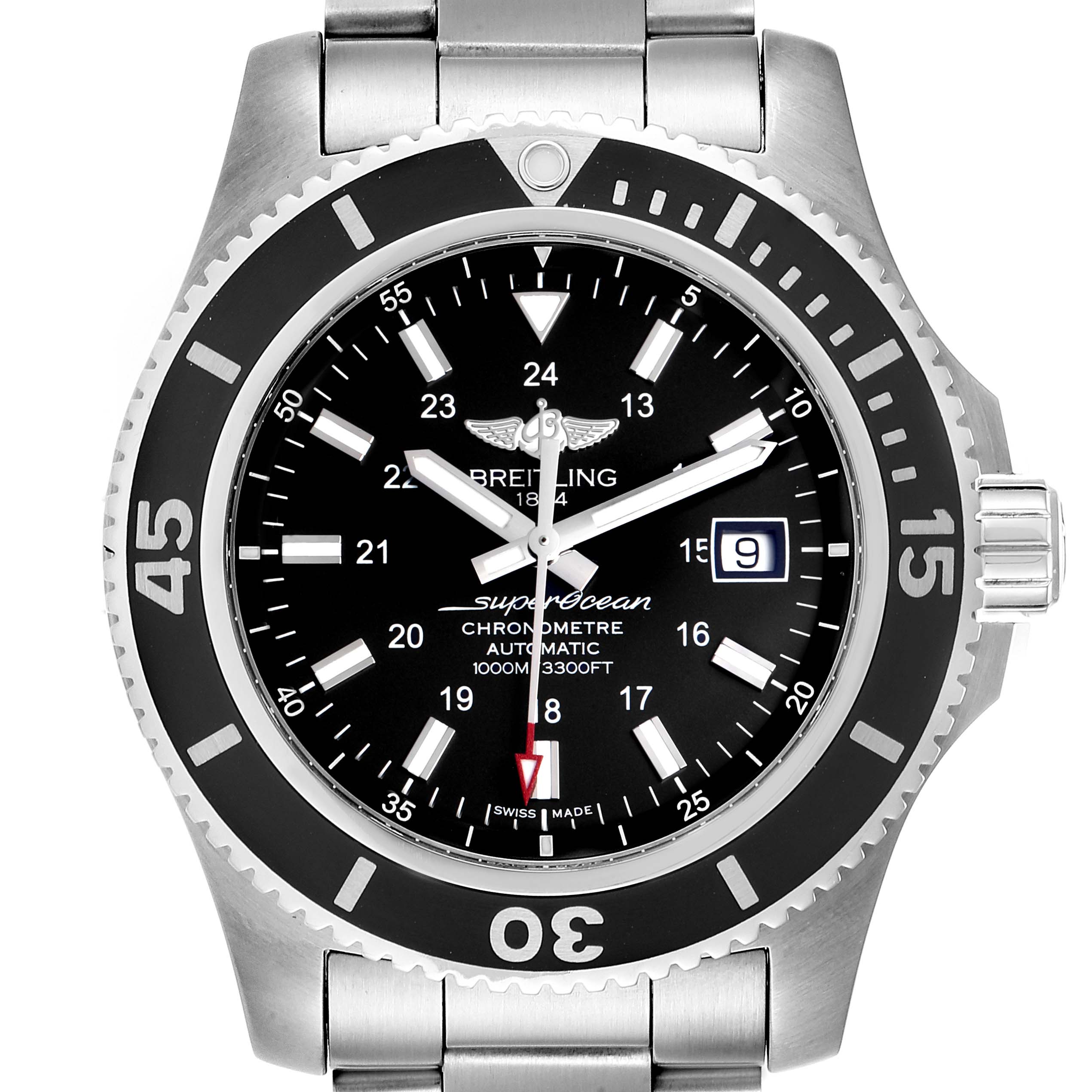 This is a front view of the Breitling Superocean A17392D8/C910 Men
s Stainless Steel Black Dial A17392D8/C910 Men
s Stainless Steel Black Dial watch displaying its dial, bezel, and part of the bracelet.