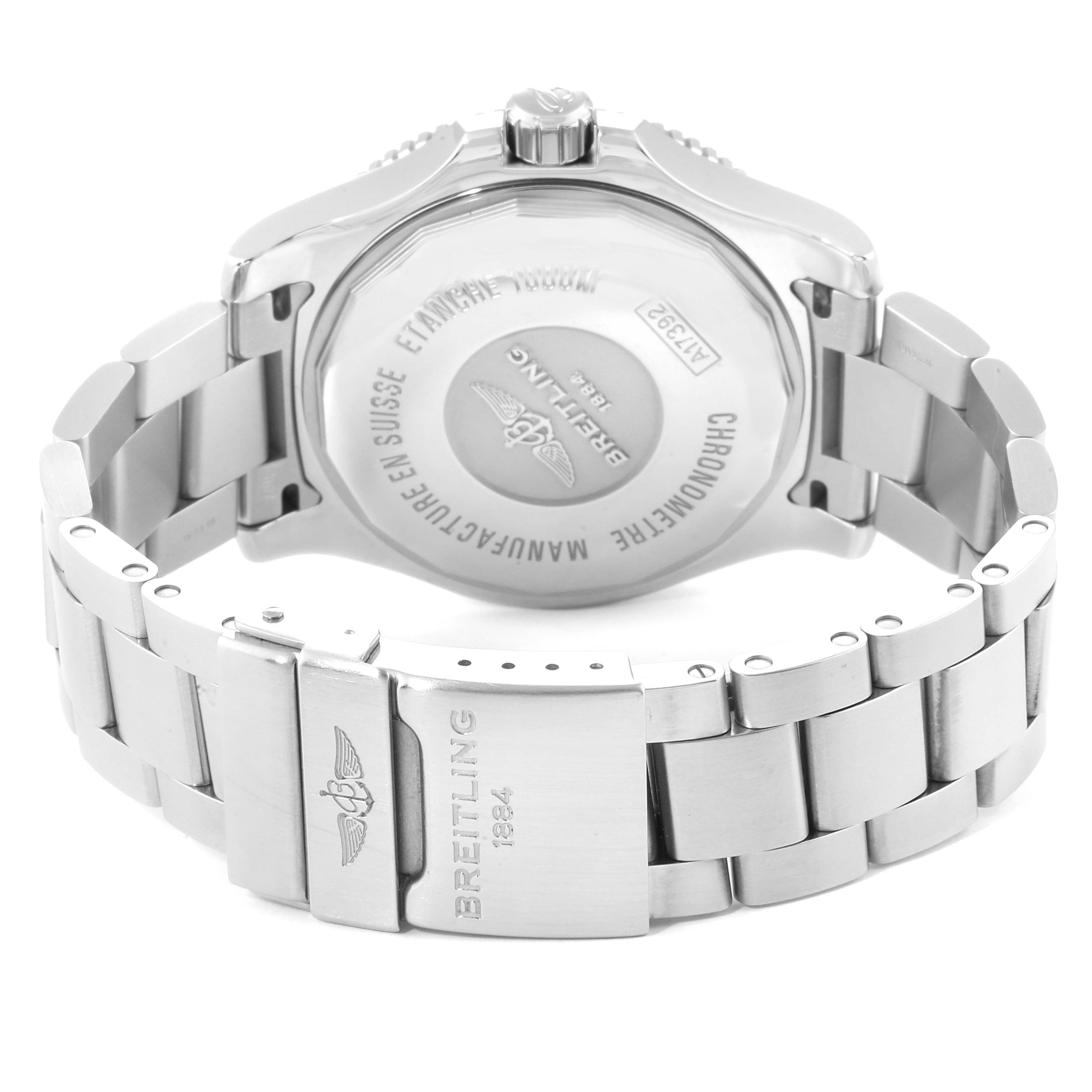 The image displays the back view of a Breitling Superocean A17392D8/C910 Men
s Stainless Steel Black Dial A17392D8/C910 Men
s Stainless Steel Black Dial watch, focusing on the case back and metal bracelet with clasp.