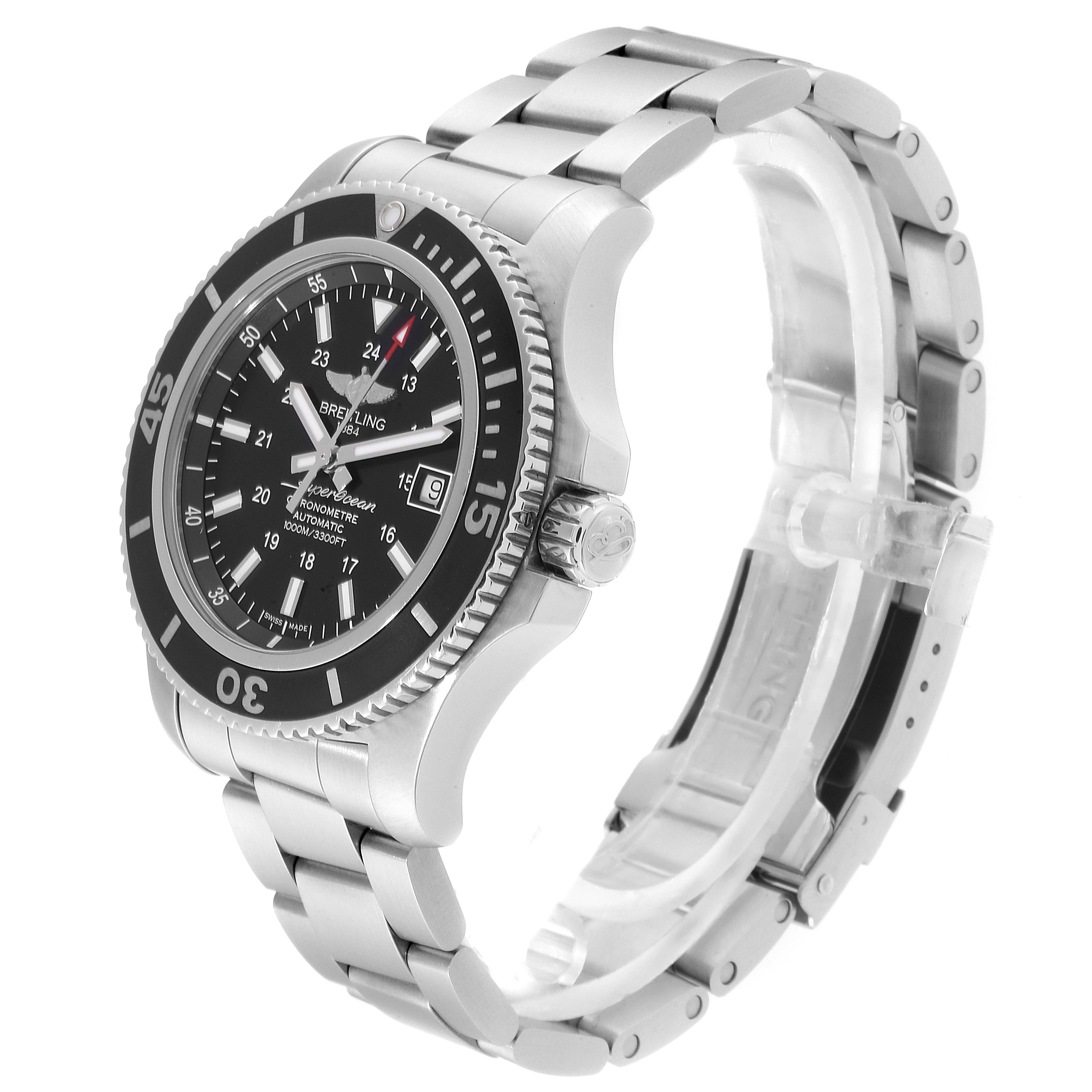 The image shows a Breitling Superocean A17392D8/C910 Men
s Stainless Steel Black Dial A17392D8/C910 Men
s Stainless Steel Black Dial watch at a three-quarter front angle, highlighting its face, crown, and bracelet.