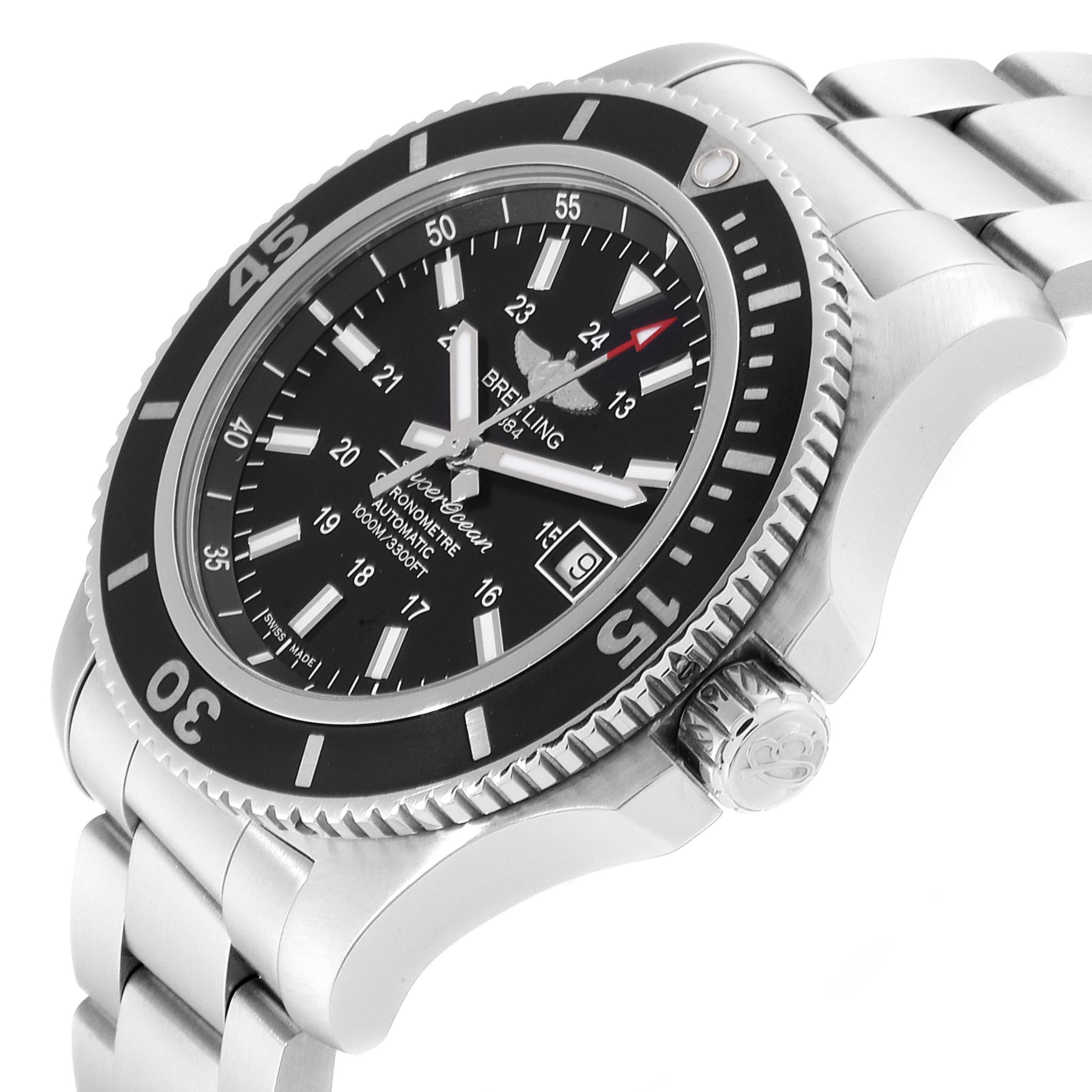 The image shows a Breitling Superocean A17392D8/C910 Men
s Stainless Steel Black Dial A17392D8/C910 Men
s Stainless Steel Black Dial watch angled to display its face, bezel, crown, and part of the stainless steel bracelet.