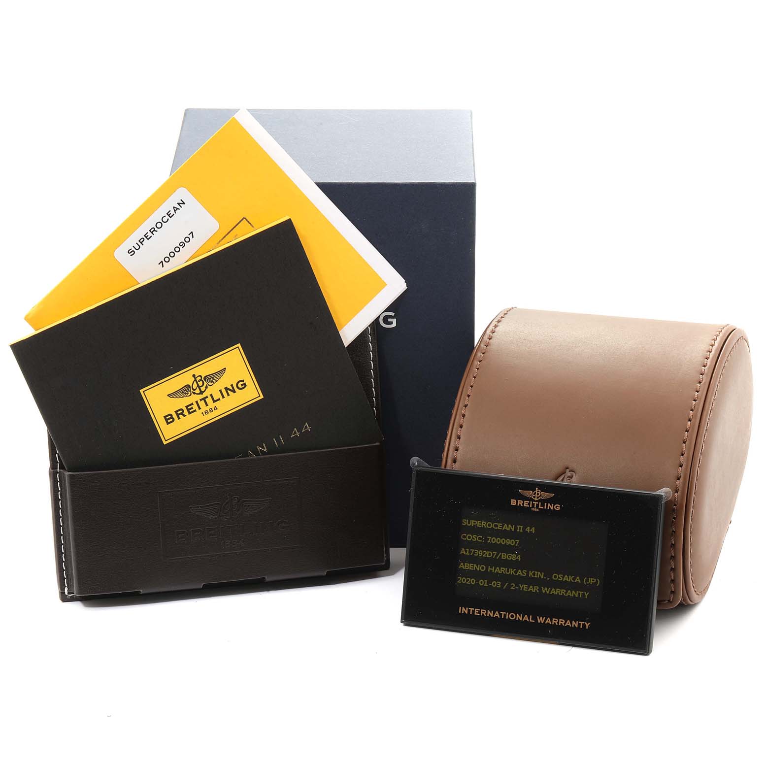 The image shows the packaging, warranty card, and documents for the Breitling Superocean A17392D8/C910 Men
s Stainless Steel Black Dial A17392D8/C910 Men
s Stainless Steel Black Dial model.