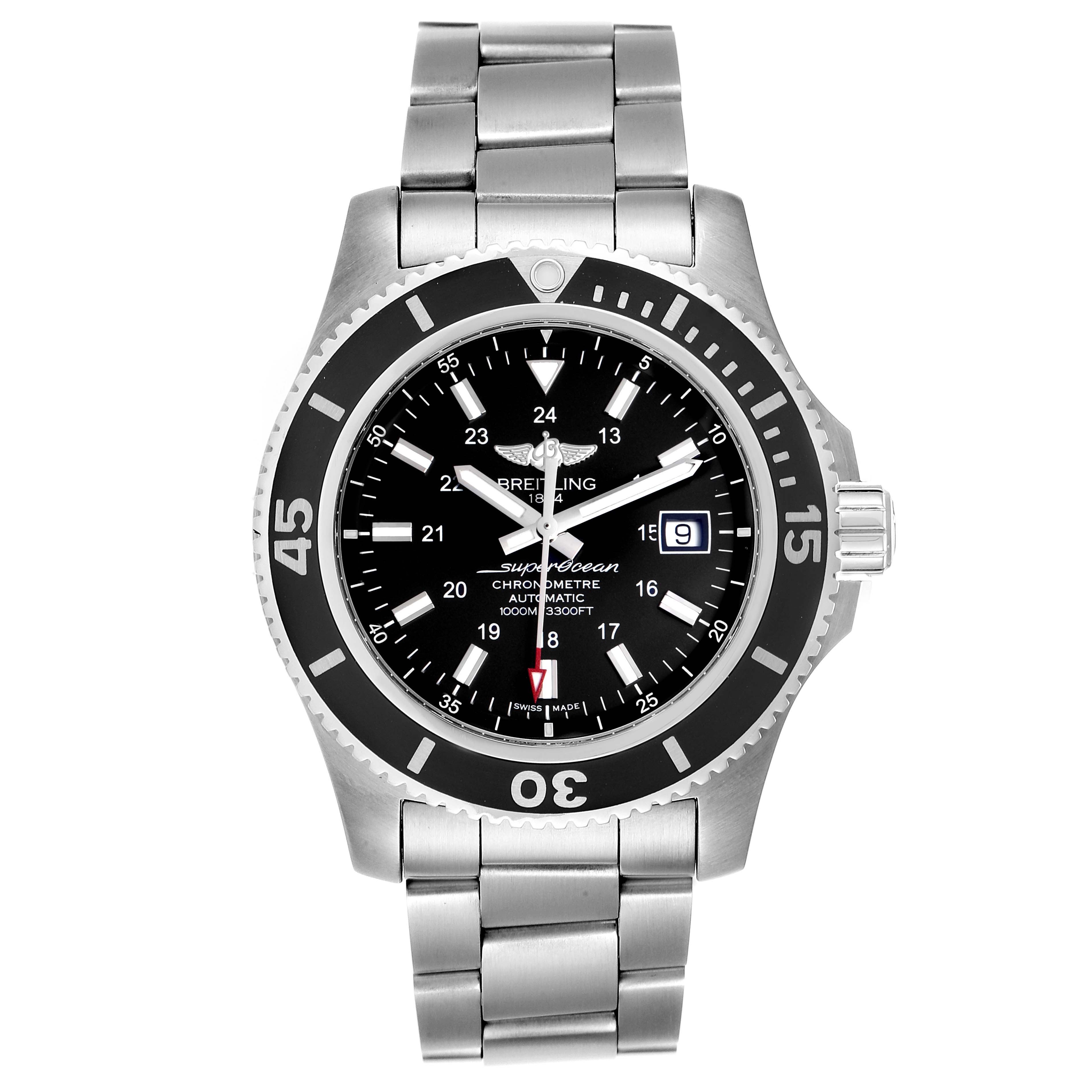 The image shows a front view of a Breitling Superocean A17392D8/C910 Men
s Stainless Steel Black Dial A17392D8/C910 Men
s Stainless Steel Black Dial watch with a stainless steel band and black dial.