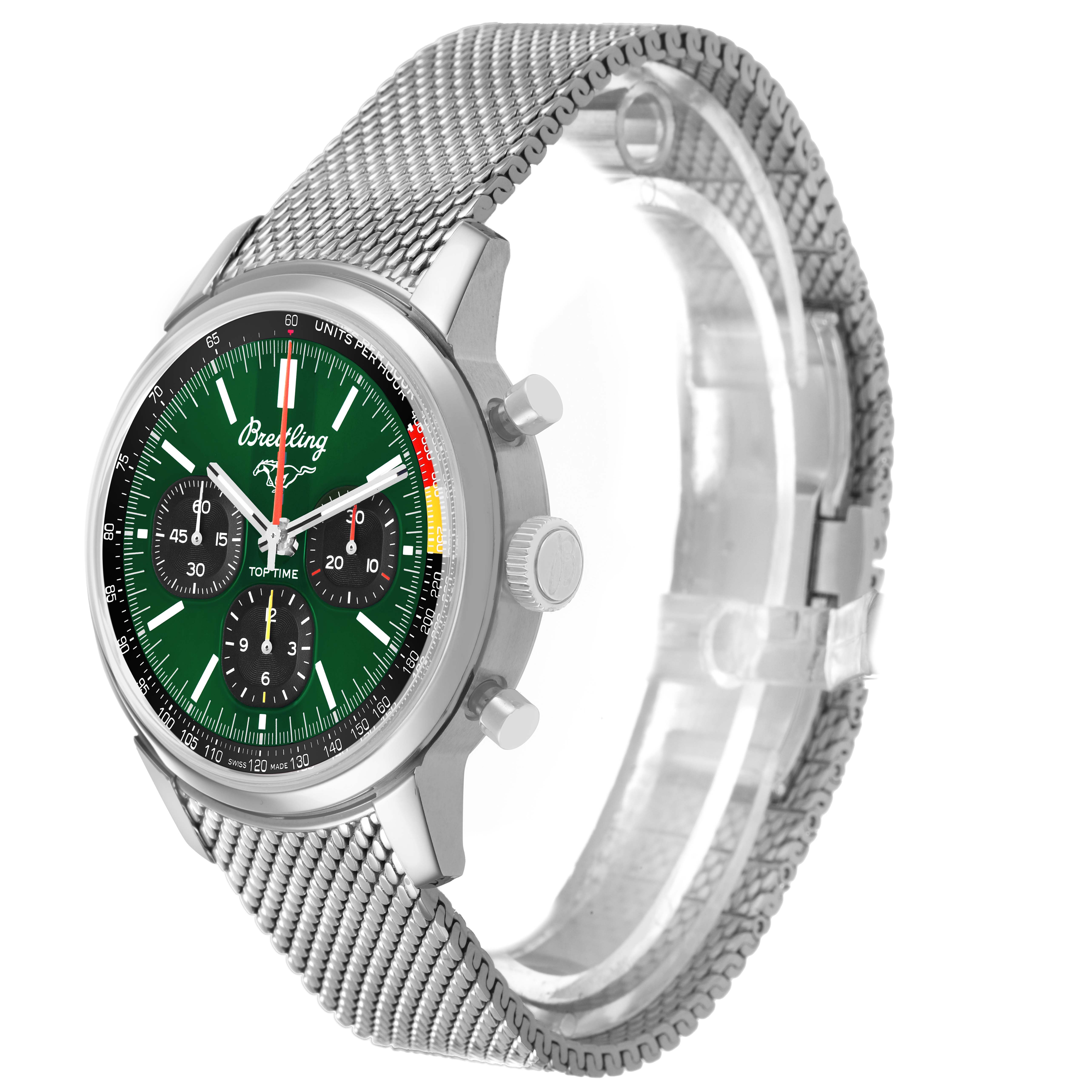 The Breitling Premier AB01762A1L1A1 Men's Stainless Steel Green Dial watch is shown at a three-quarter angle, displaying the dial, bezel, case, crown, pushers, and mesh bracelet.