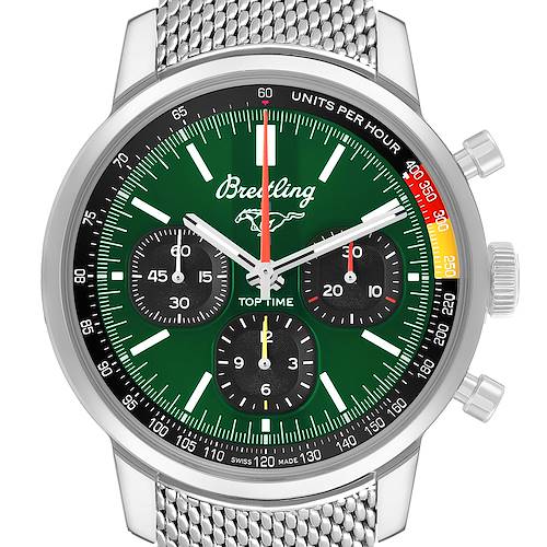 The Breitling Premier AB01762A1L1A1 Men's Stainless Steel Green Dial watch is shown from the front, displaying the face, dials, and mesh strap.