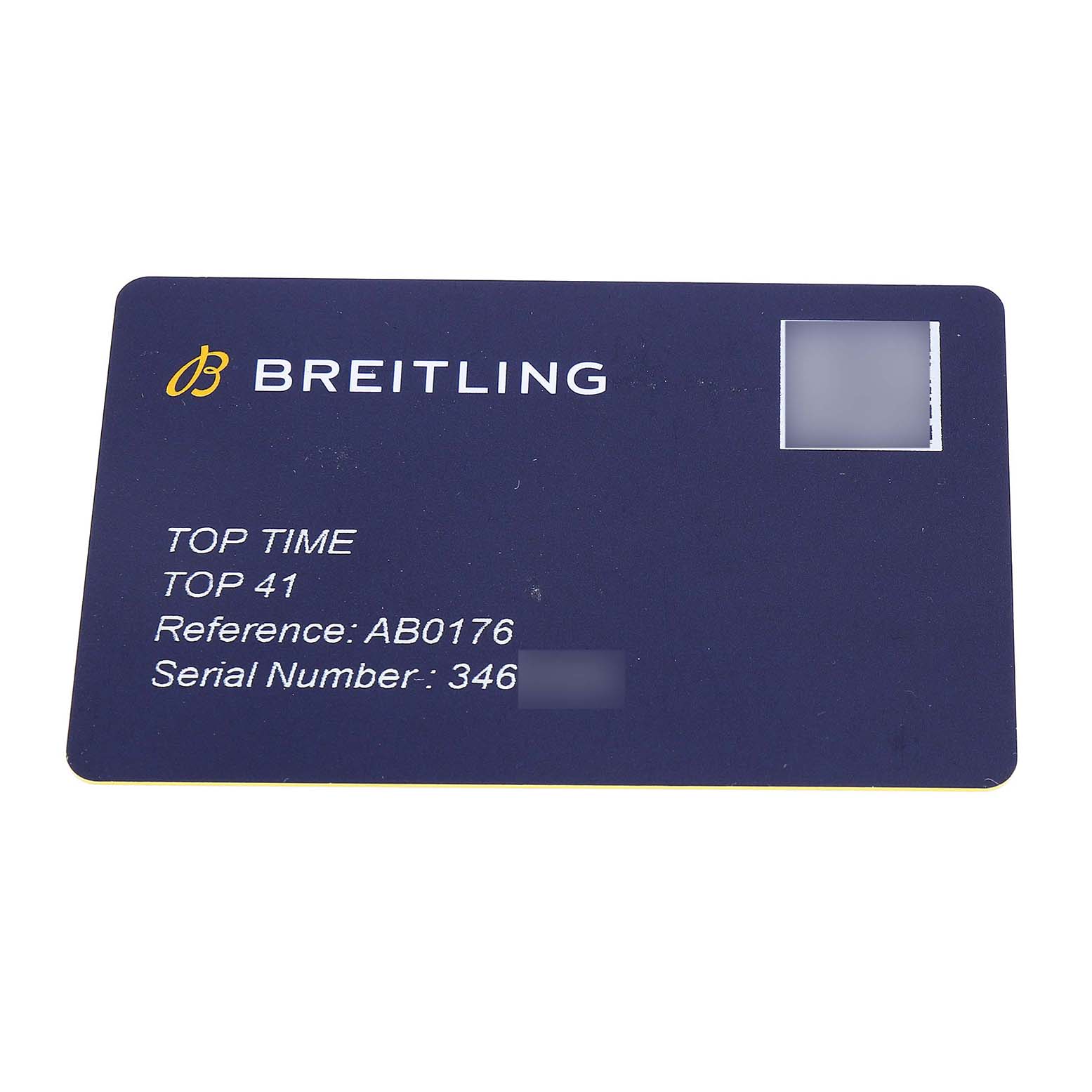 The image shows a Breitling warranty card for the Premier model, highlighting reference and serial numbers.