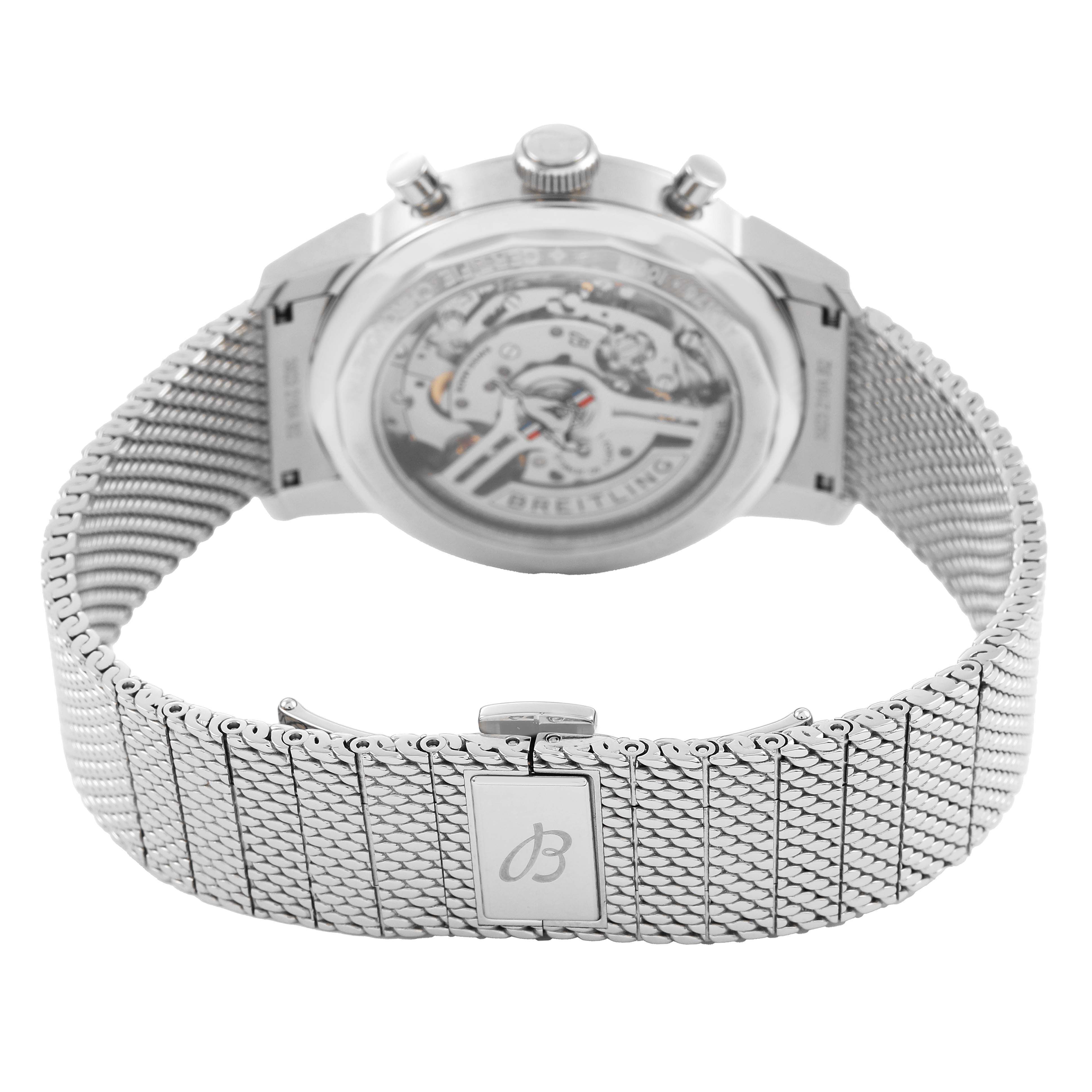 The Breitling Premier AB01762A1L1A1 Men's Stainless Steel Green Dial watch is shown from the back, featuring its open case back and stainless steel mesh bracelet.