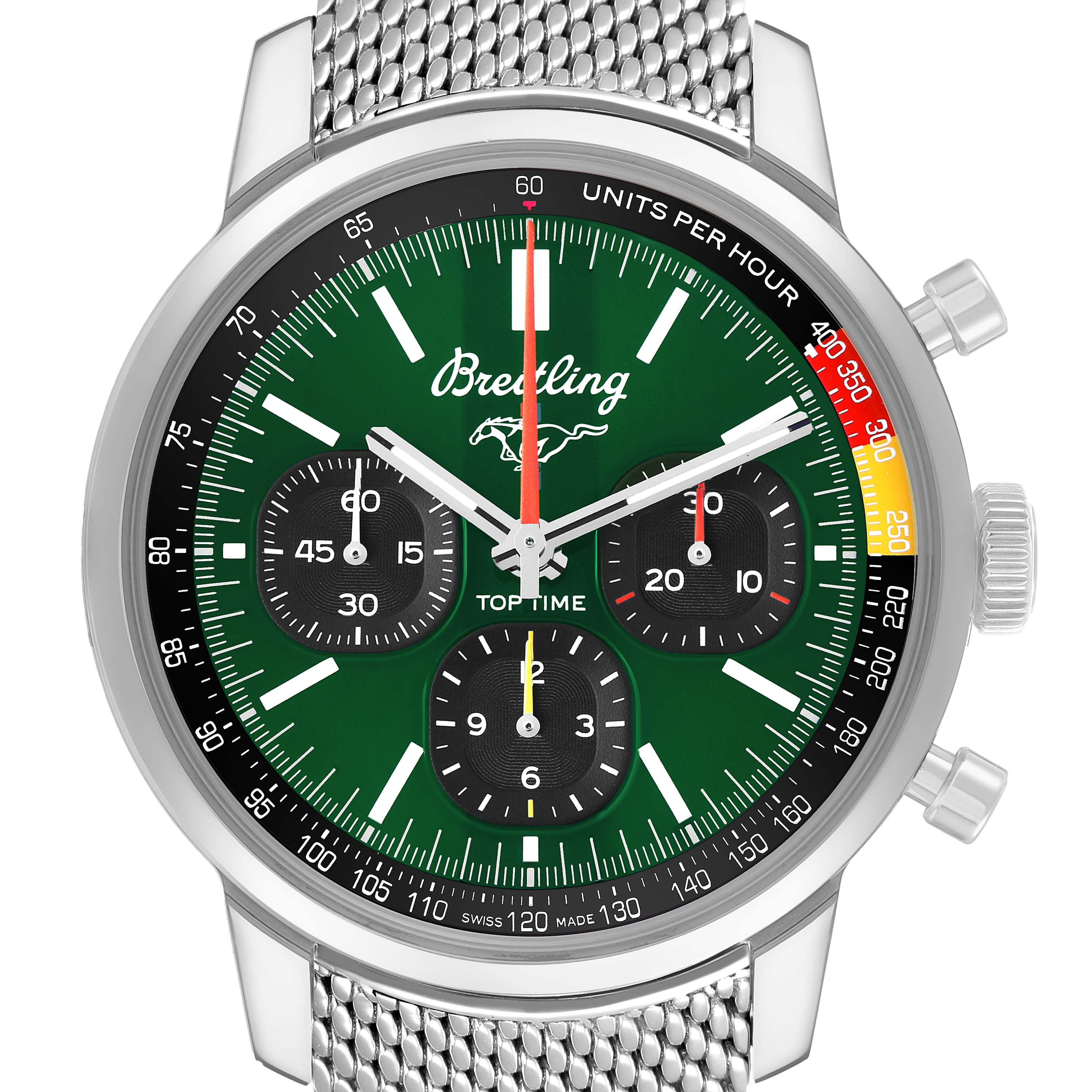 The Breitling Premier AB01762A1L1A1 Men's Stainless Steel Green Dial watch is shown from the front, displaying the dial, bezel, and mesh bracelet.