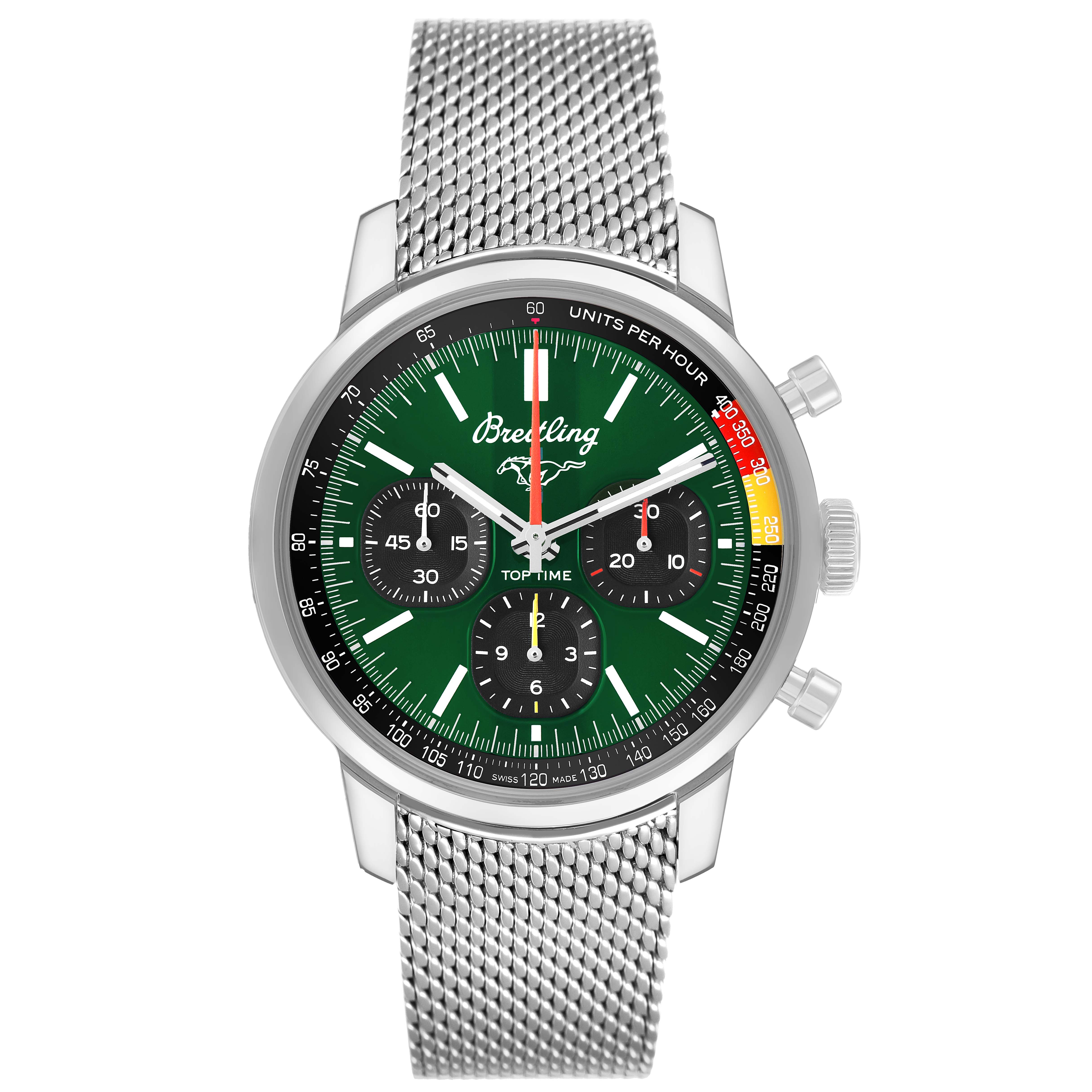 The Breitling Premier AB01762A1L1A1 Men's Stainless Steel Green Dial watch is shown from a front view, displaying the dial, subdials, bezel, and mesh bracelet.