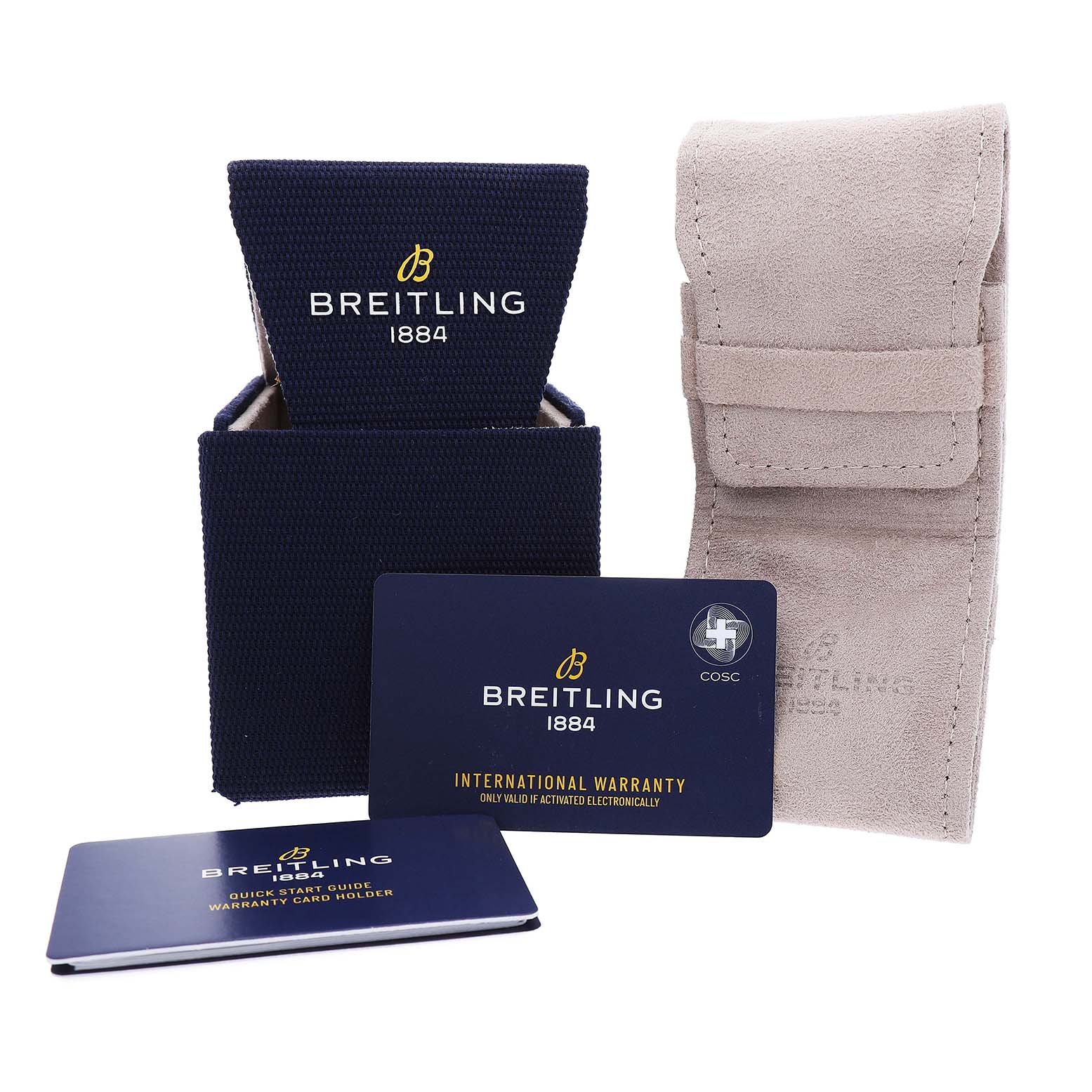 This image shows accessories for the Breitling Premier AB01762A1L1A1 Men's Stainless Steel Green Dial watch, including a box, warranty card, guide, and a suede pouch.
