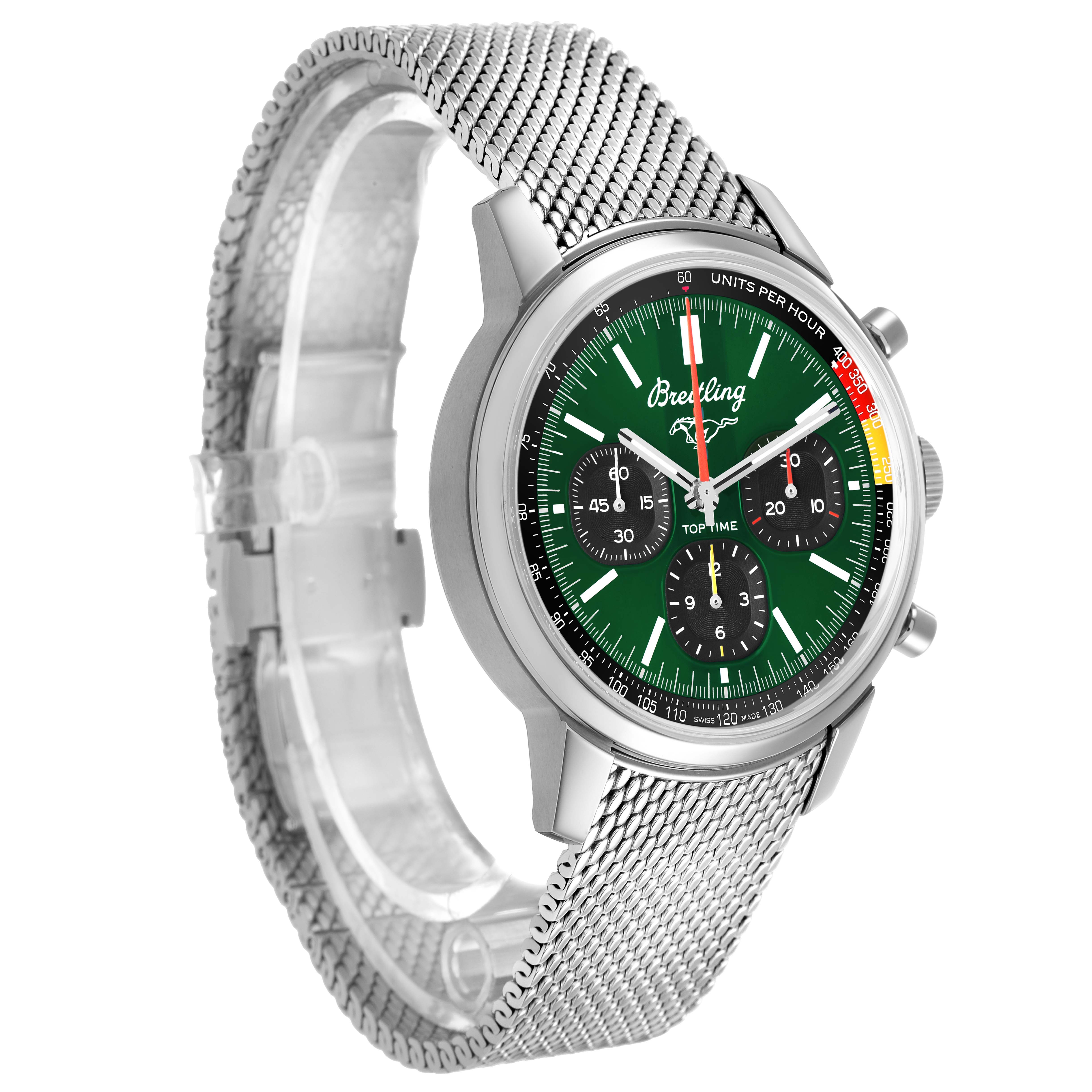 The Breitling Premier AB01762A1L1A1 Men's Stainless Steel Green Dial watch is shown from an angled front view, highlighting the green dial, chronograph subdials, and mesh bracelet.