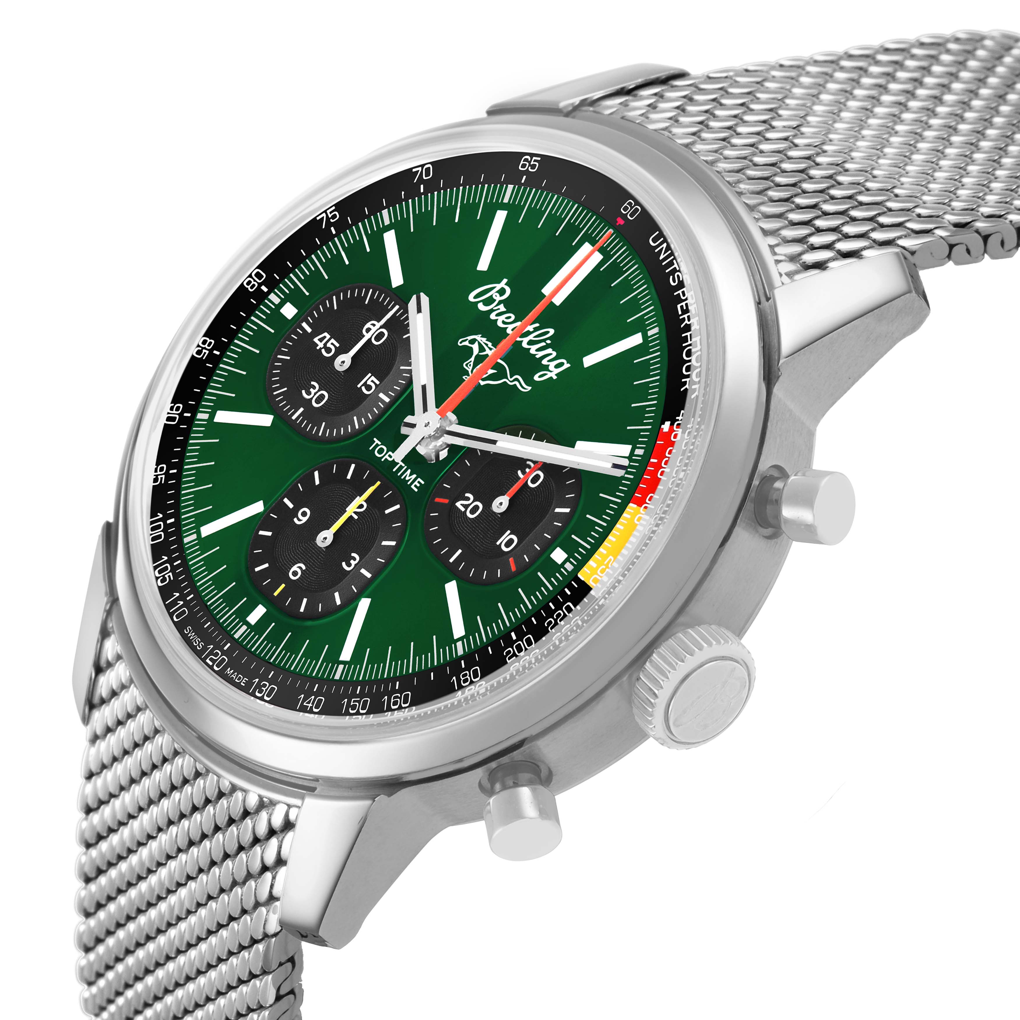 The Breitling Premier AB01762A1L1A1 Men's Stainless Steel Green Dial watch is shown at an angle highlighting the face, bezel, crown, pushers, and mesh strap.