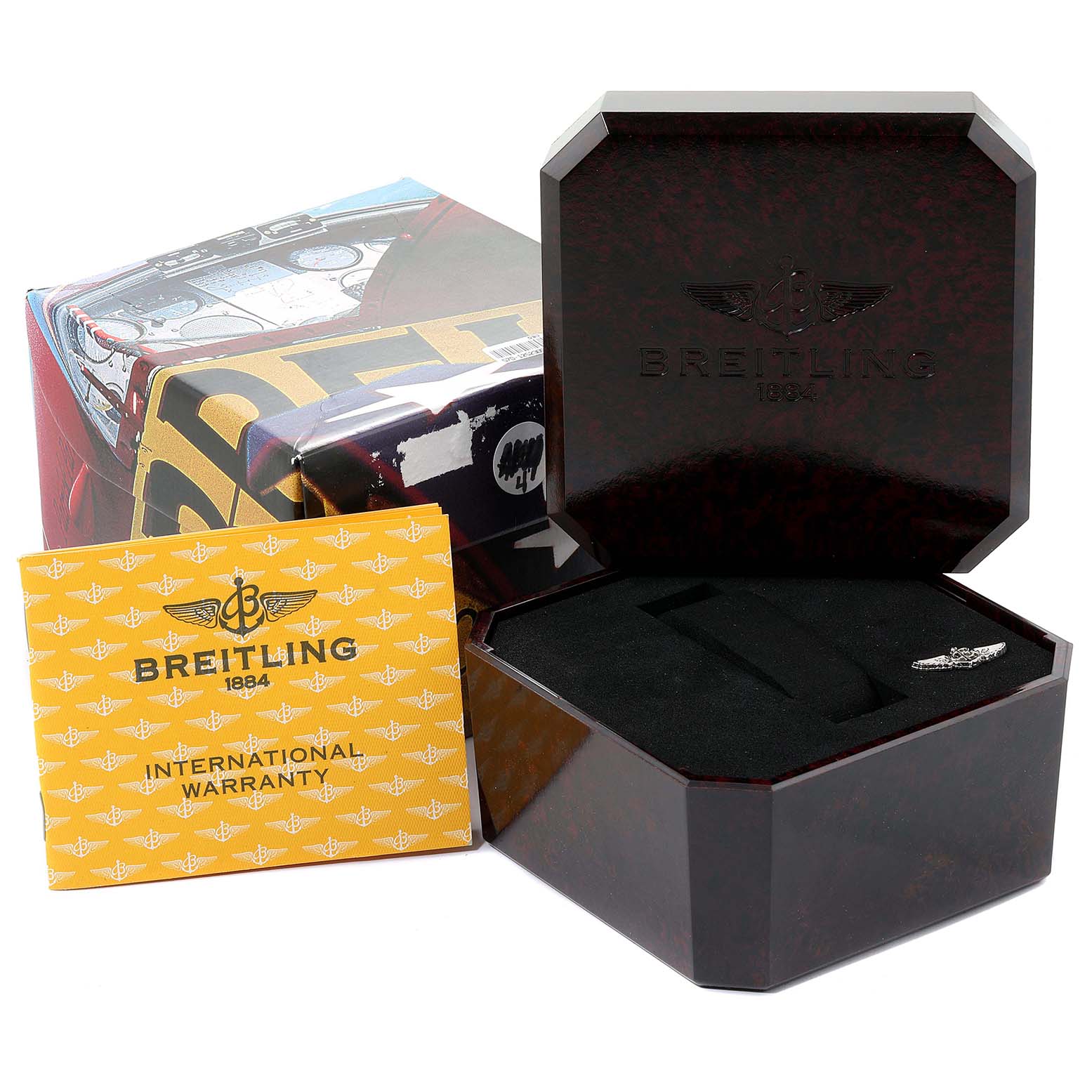 The image shows the box and papers for the Breitling A71356 Women's Stainless Steel Brown Dial A71356 Women's Stainless Steel Brown Dial Windrider Cockpit Bronze Diamond Dial Ladies Watch A71356.