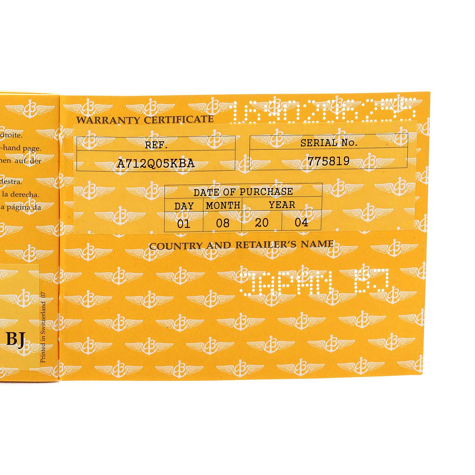 This image shows the warranty certificate of the Breitling A71356 Women's Stainless Steel Brown Dial A71356 Women's Stainless Steel Brown Dial Windrider Cockpit Bronze Diamond Dial Ladies Watch A71356 model.